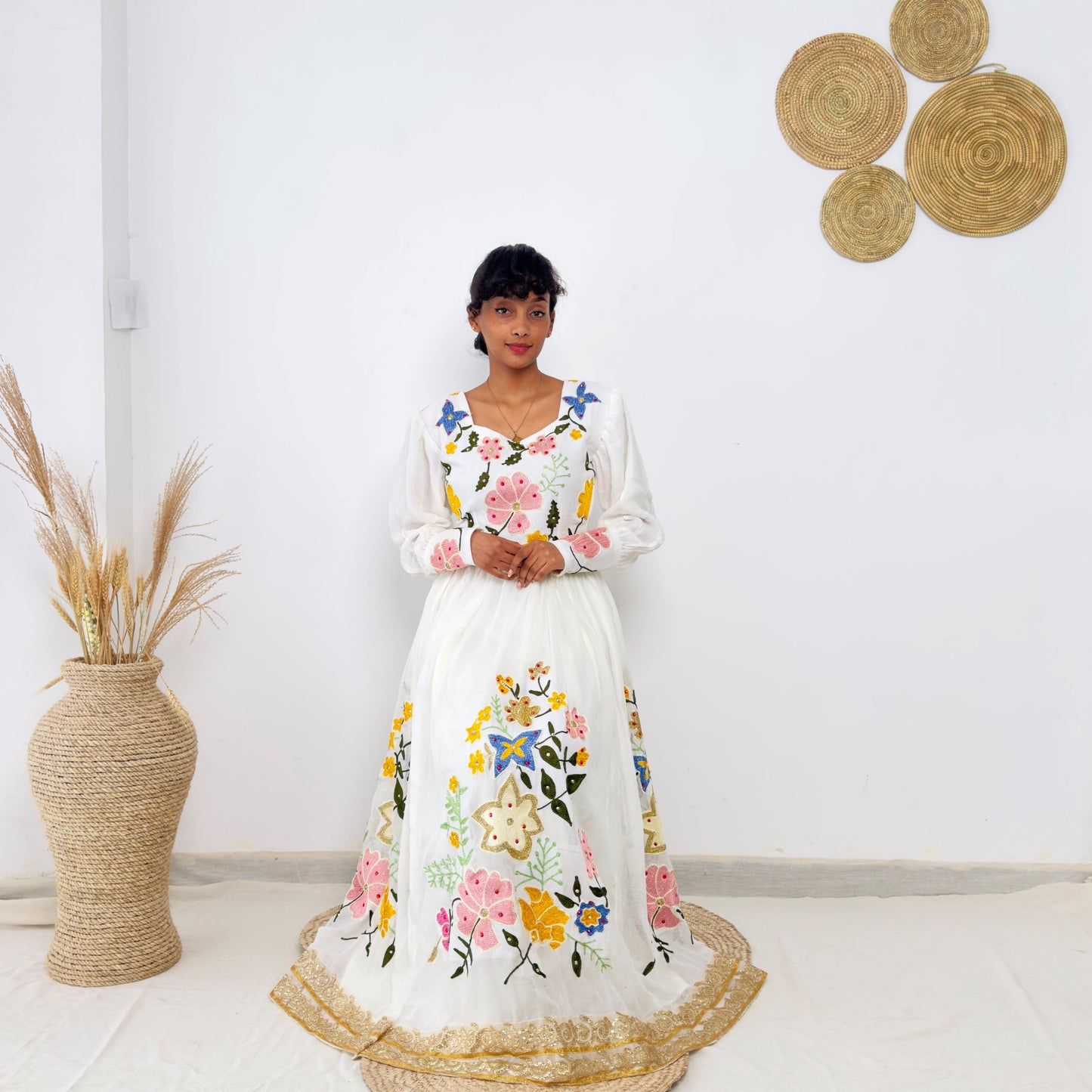 Traditional Ethiopian Habesha Dress | Handwoven Cotton | Floral Embroidery & Golden Tilet | Flowy Fit Hab237