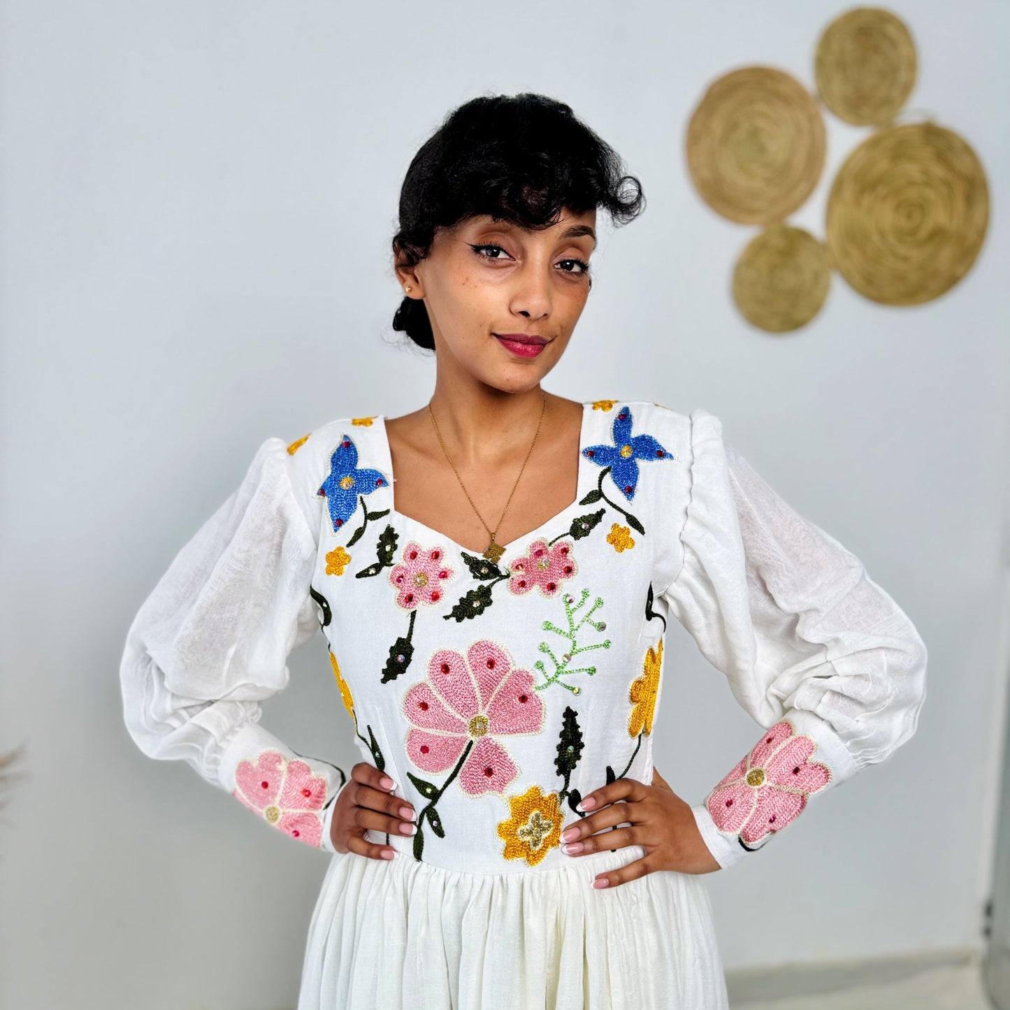 Traditional Ethiopian Habesha Dress | Handwoven Cotton | Floral Embroidery & Golden Tilet | Flowy Fit Hab237