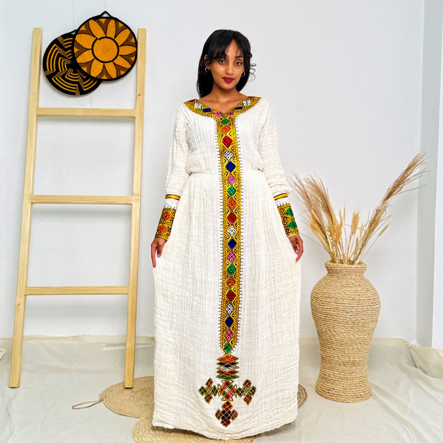 Elegant Ethiopian Handwoven Dress | Modern Habesha Kemis | Vibrant Tibeb Embroidery | Timeless & Chic Hab134