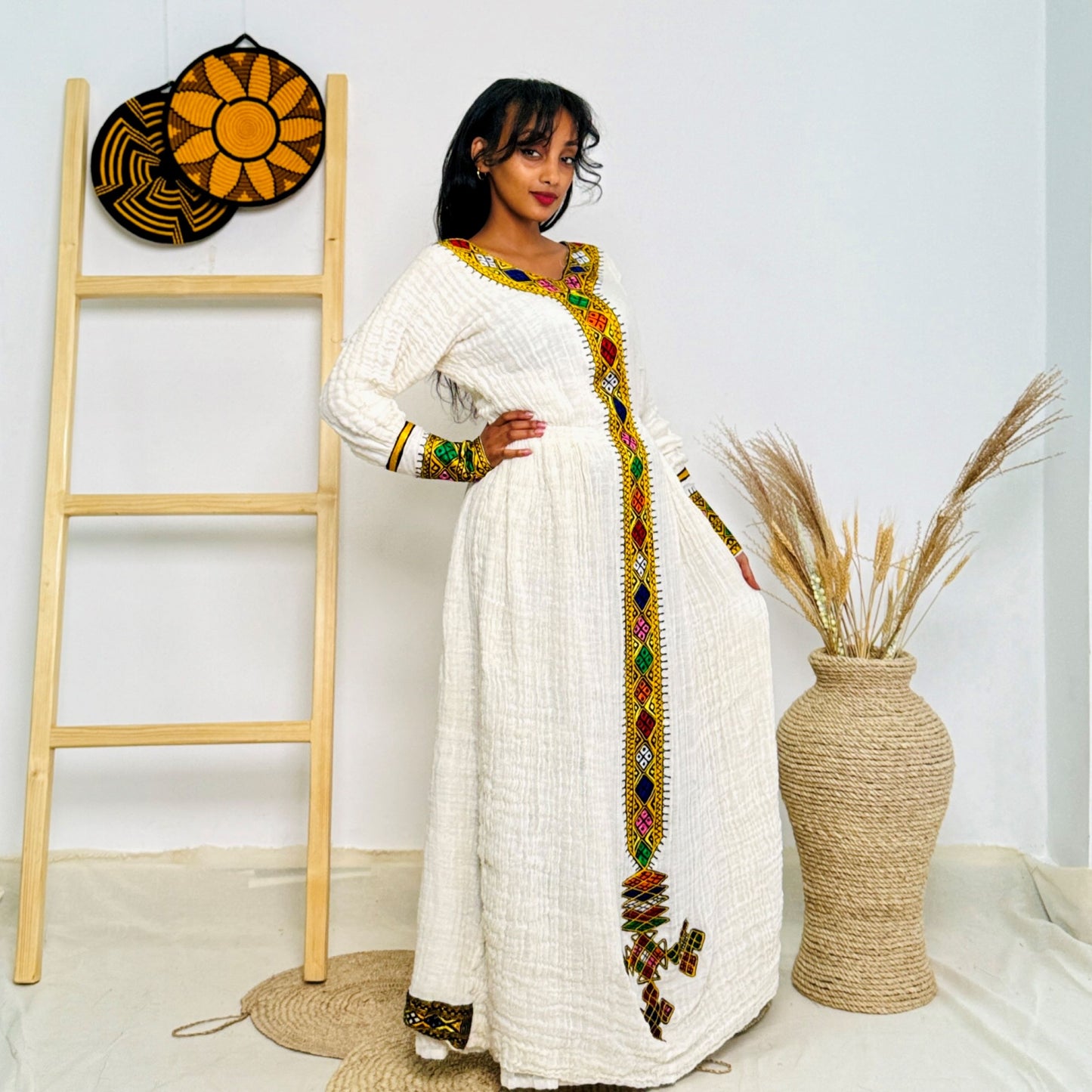 Elegant Ethiopian Handwoven Dress | Modern Habesha Kemis | Vibrant Tibeb Embroidery | Timeless & Chic Hab134