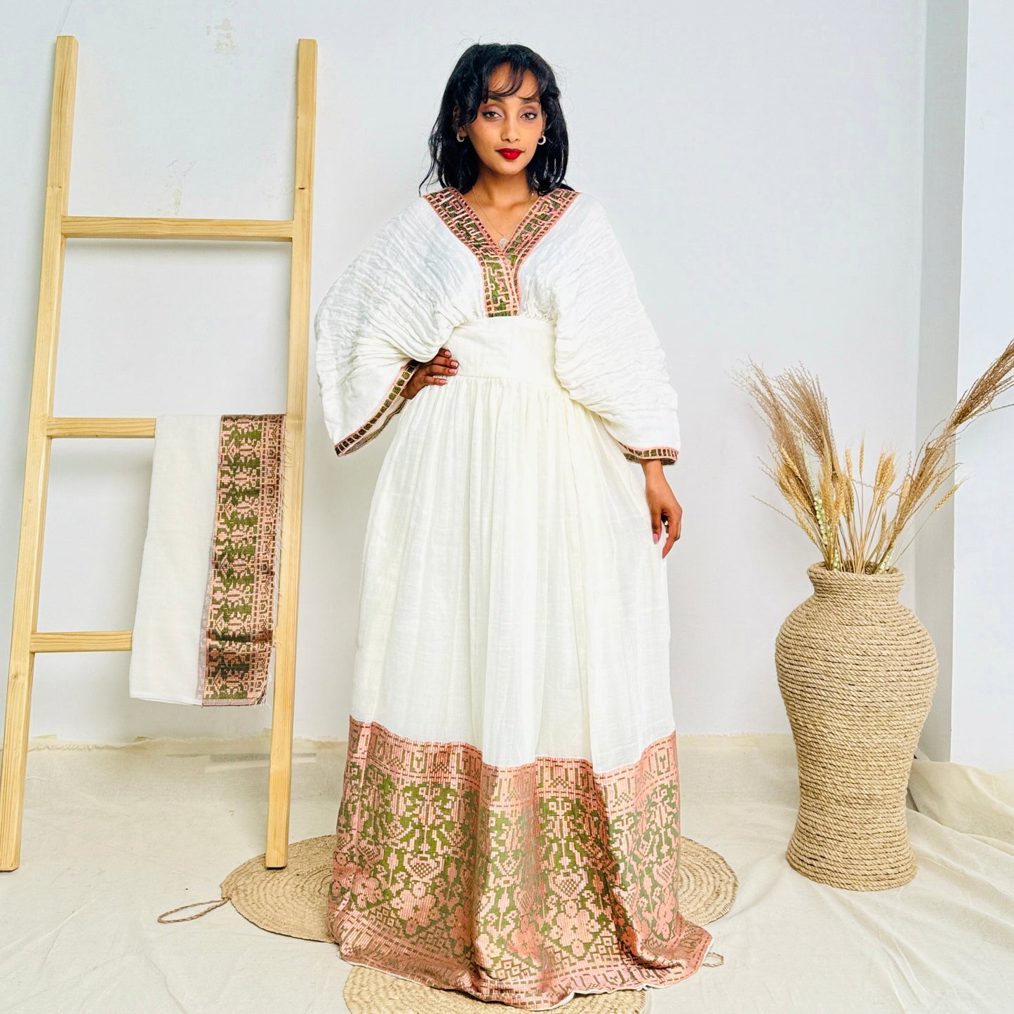 Habesha Dress | Pink & Gold Embroidery | Weddings & Special Occasions | Handwoven Elegance | Ethiopian Dress Hab114