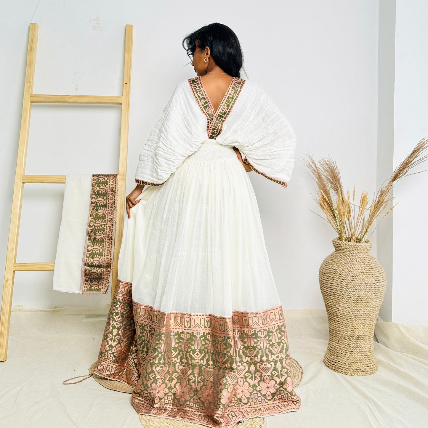 Habesha Dress | Pink & Gold Embroidery | Weddings & Special Occasions | Handwoven Elegance | Ethiopian Dress Hab114