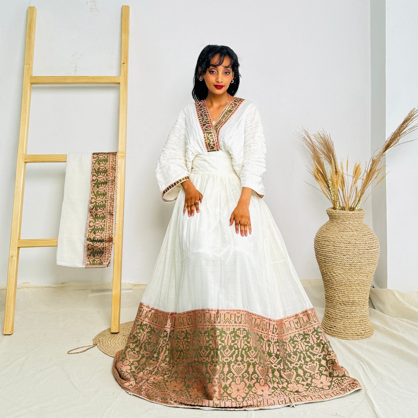 Habesha Dress | Pink & Gold Embroidery | Weddings & Special Occasions | Handwoven Elegance | Ethiopian Dress Hab114