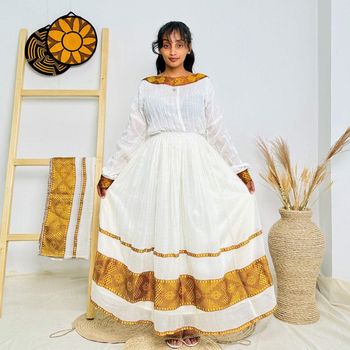 Amber Majesty | Traditional Ethiopian Habesha Dress with Geometric Tilet Accents Hab225