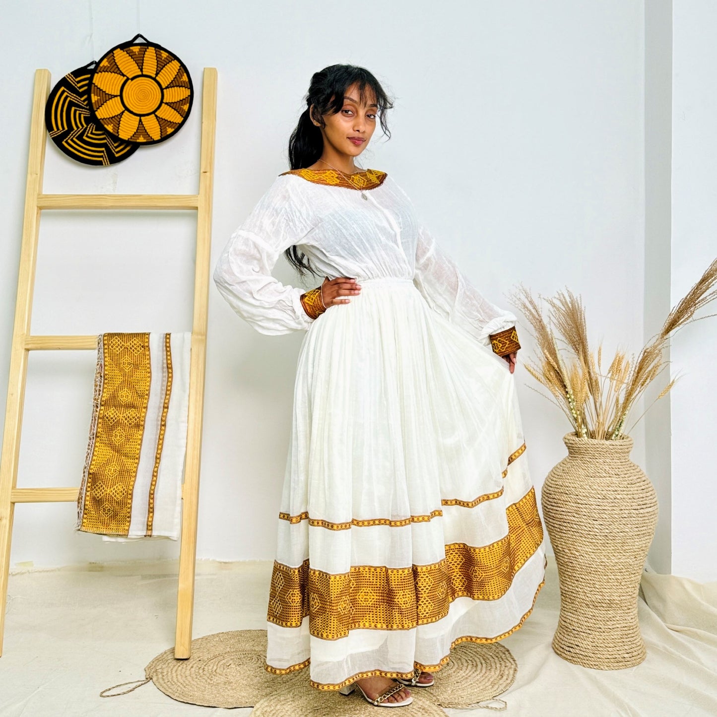 Amber Majesty | Traditional Ethiopian Habesha Dress with Geometric Tilet Accents Hab225