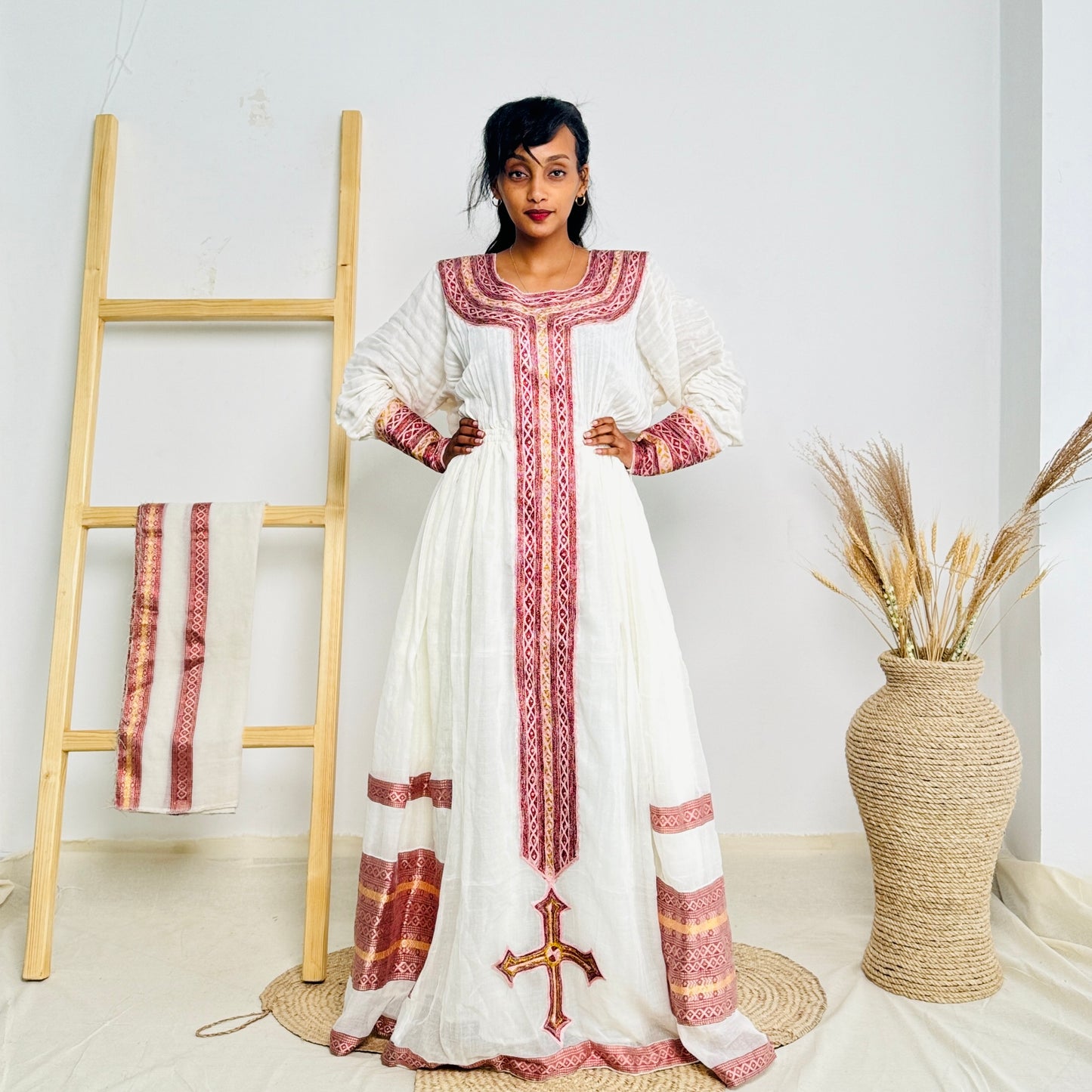 Habesha Dress | Pink Intricate Embroidery | Cultural Celebrations | Cotton Fabric Hab78