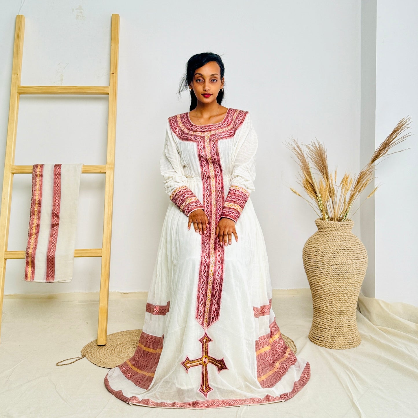 Habesha Dress | Pink Intricate Embroidery | Cultural Celebrations | Cotton Fabric Hab78