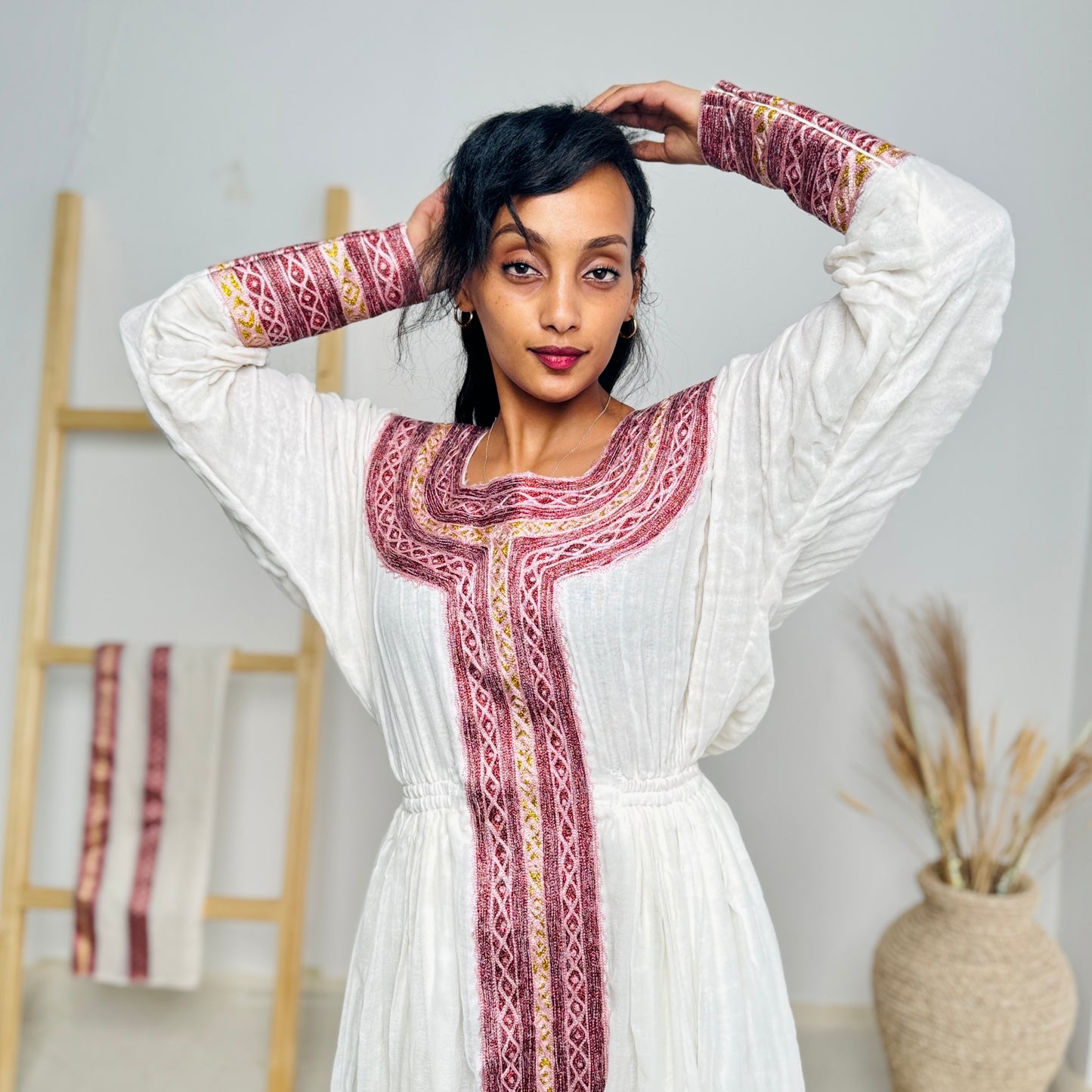 Habesha Dress | Pink Intricate Embroidery | Cultural Celebrations | Cotton Fabric Hab78