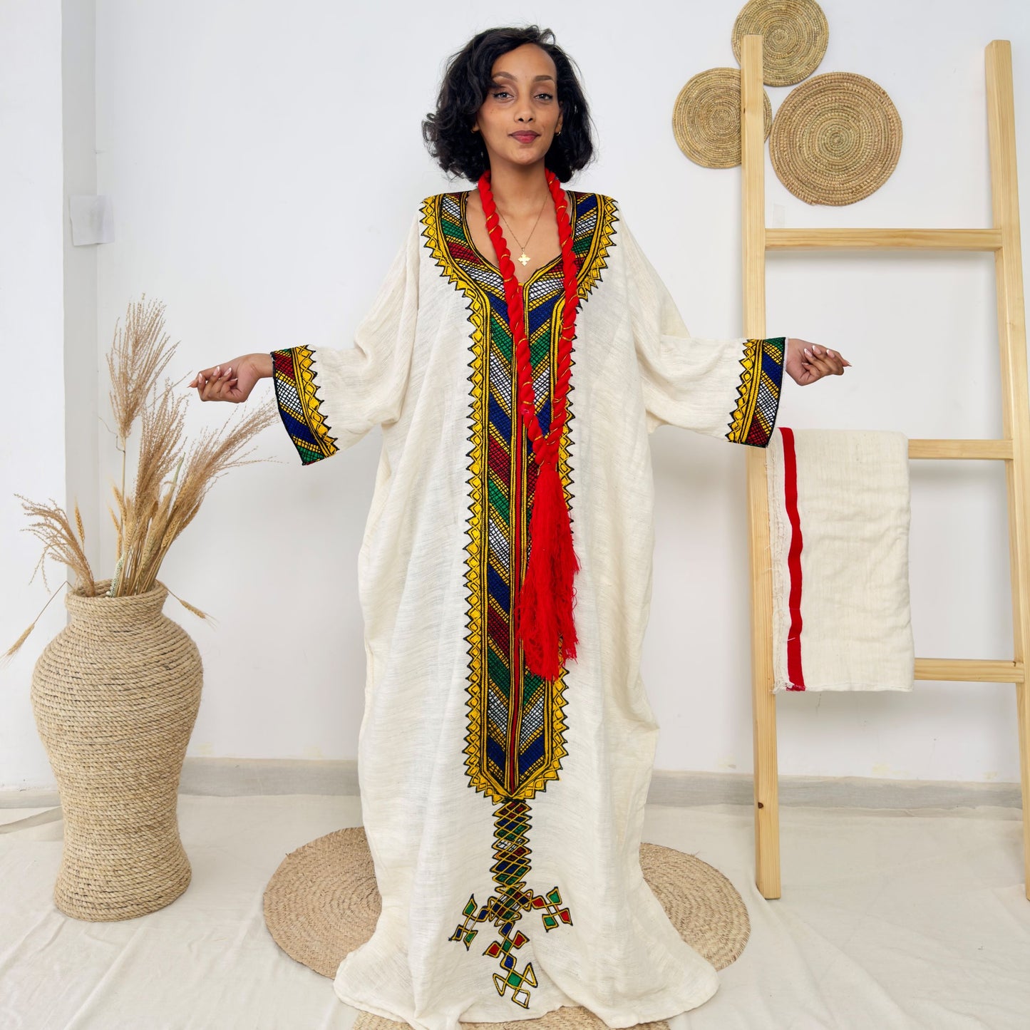 Ivory & Rainbow Handwoven Habesha Kemis | Traditional Ethiopian Dress with Red Shash | Long Sleeve Belted Kemis Hab220