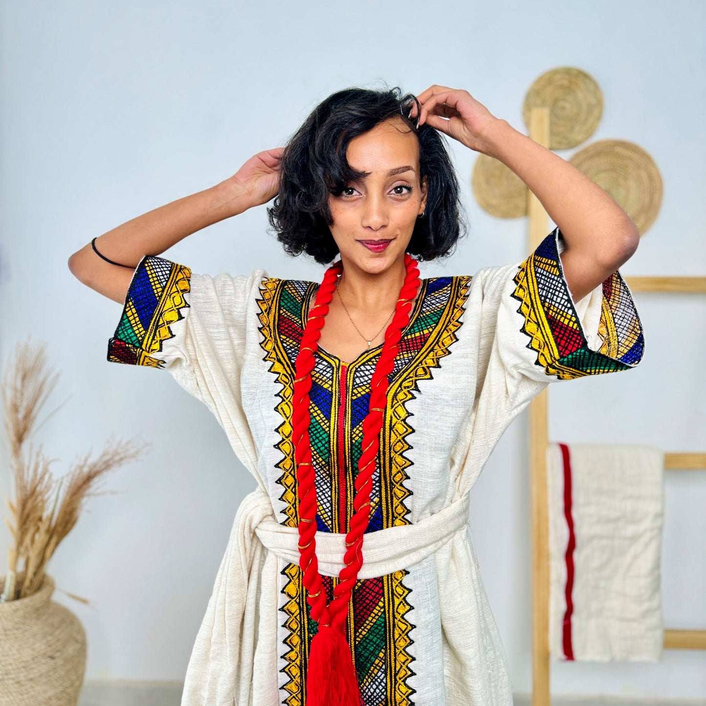 Ivory & Rainbow Handwoven Habesha Kemis | Traditional Ethiopian Dress with Red Shash | Long Sleeve Belted Kemis Hab220