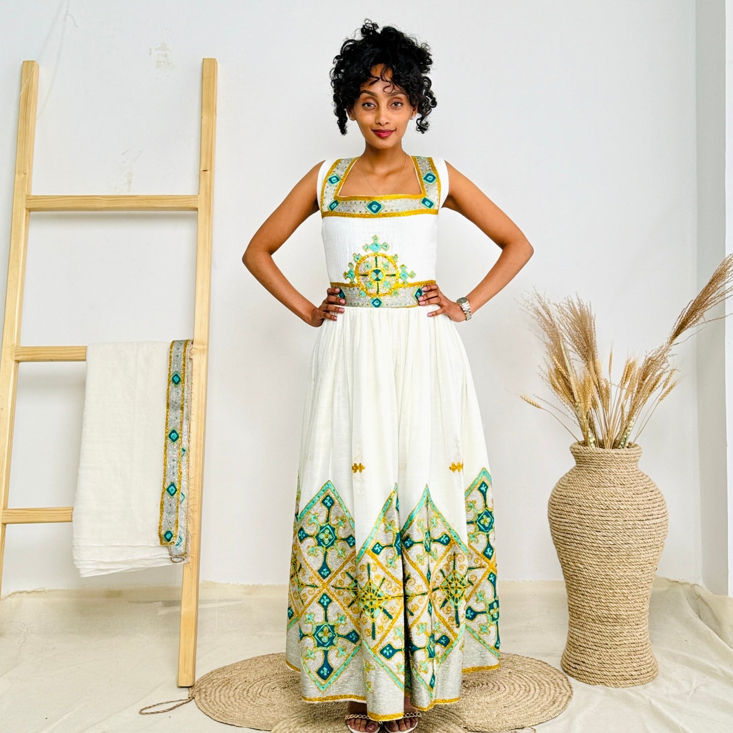 Ethiopian Dress | Intricate Green Embroidery | Wedding Ceremonies | Beaded Elegance Hab79