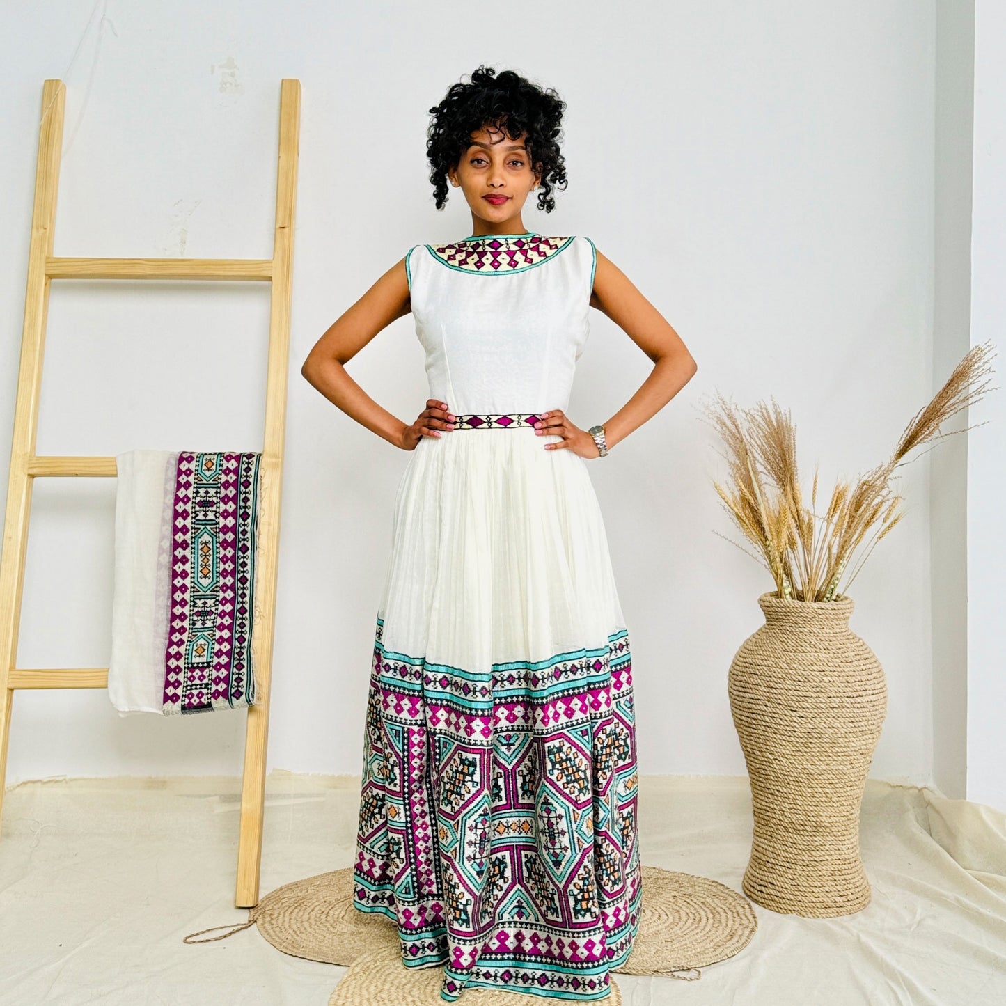 Vibrant Multicolor Habesha Dress Intricate Pattern Stylish Ethiopian Dress Hab50