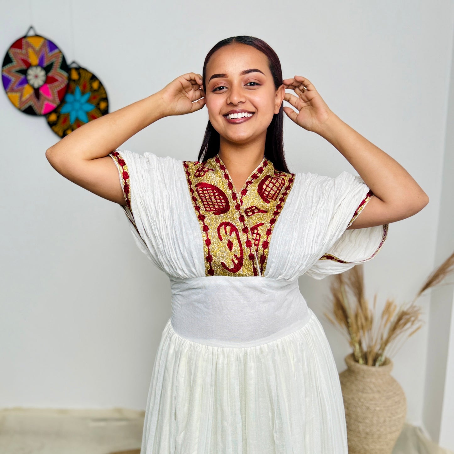 Habesha Dress | Radiant Red with Gold Design | Special Occasions | Handcrafted Embroidery Hab98