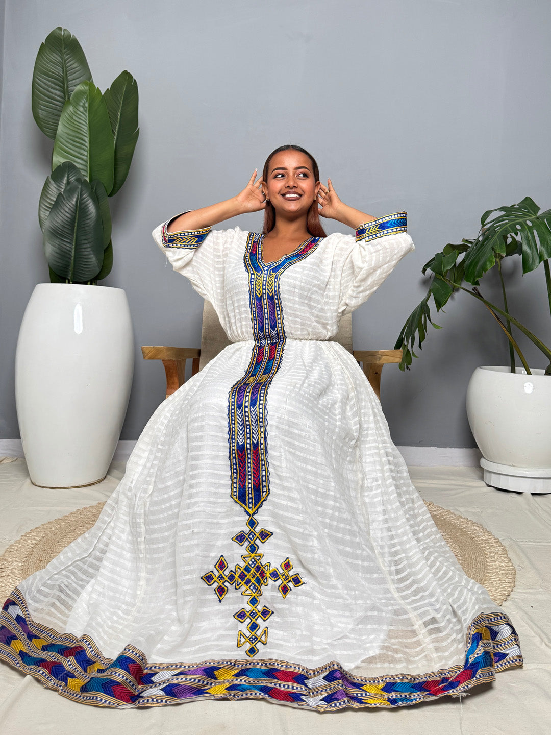 Modern Traditional Ethiopian Dress | Multicolor Tibeb Accent with Cross Detail | Handwoven White Habesha Kemis Hab194
