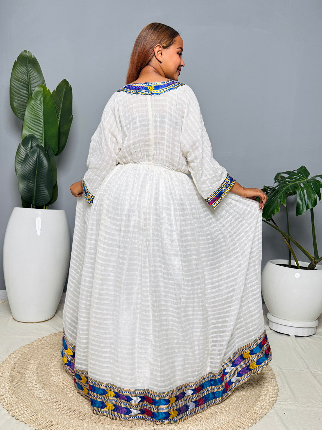 Modern Traditional Ethiopian Dress | Multicolor Tibeb Accent with Cross Detail | Handwoven White Habesha Kemis Hab194
