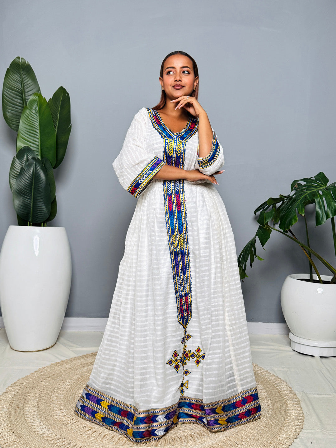 Modern Traditional Ethiopian Dress | Multicolor Tibeb Accent with Cross Detail | Handwoven White Habesha Kemis Hab194