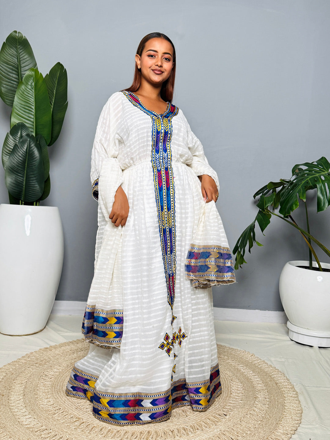 Modern Traditional Ethiopian Dress | Multicolor Tibeb Accent with Cross Detail | Handwoven White Habesha Kemis Hab194
