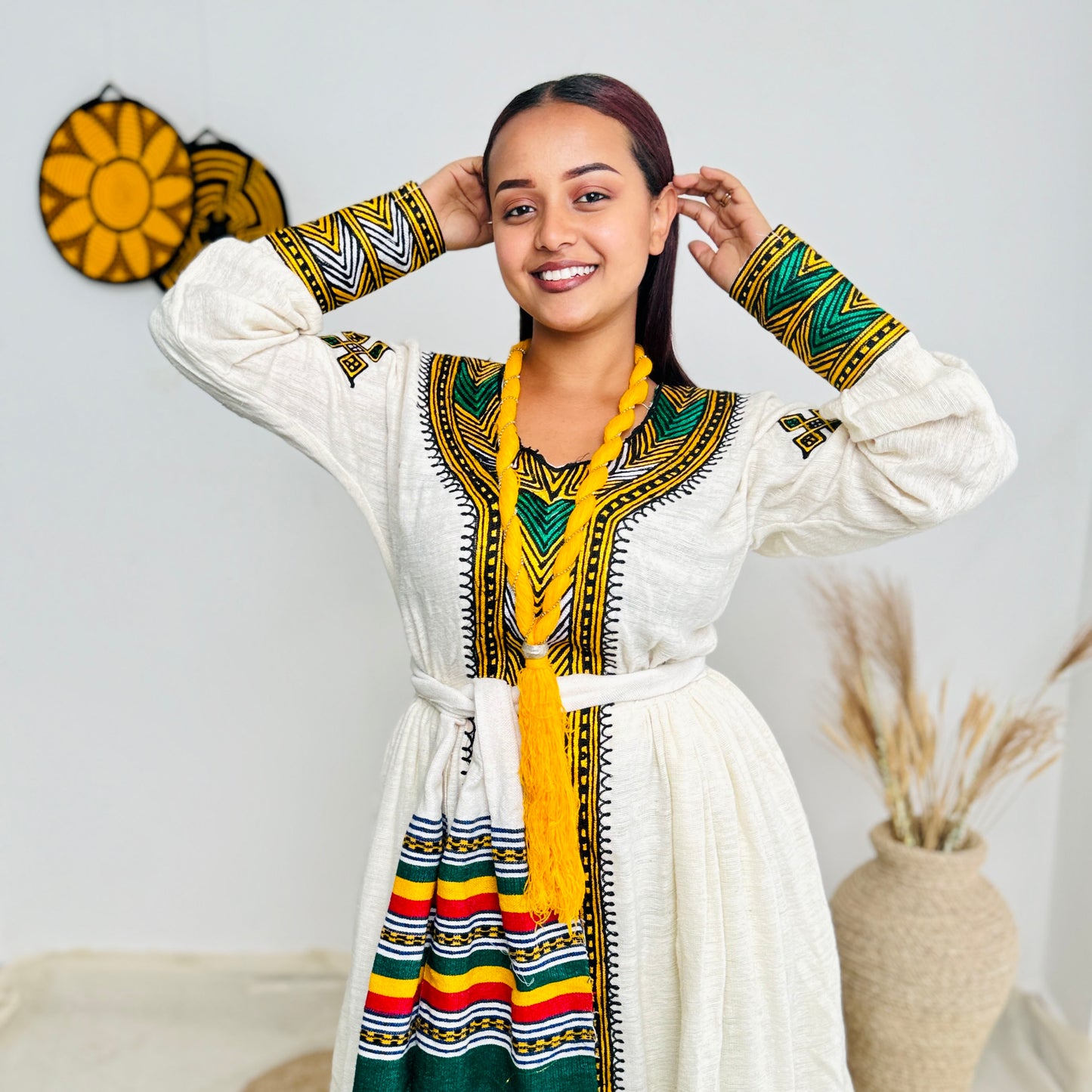 Ethiopian Dress | Unique Yellow Hue | Cultural Elegance | Handcrafted Design | Habesha Dress Hab101