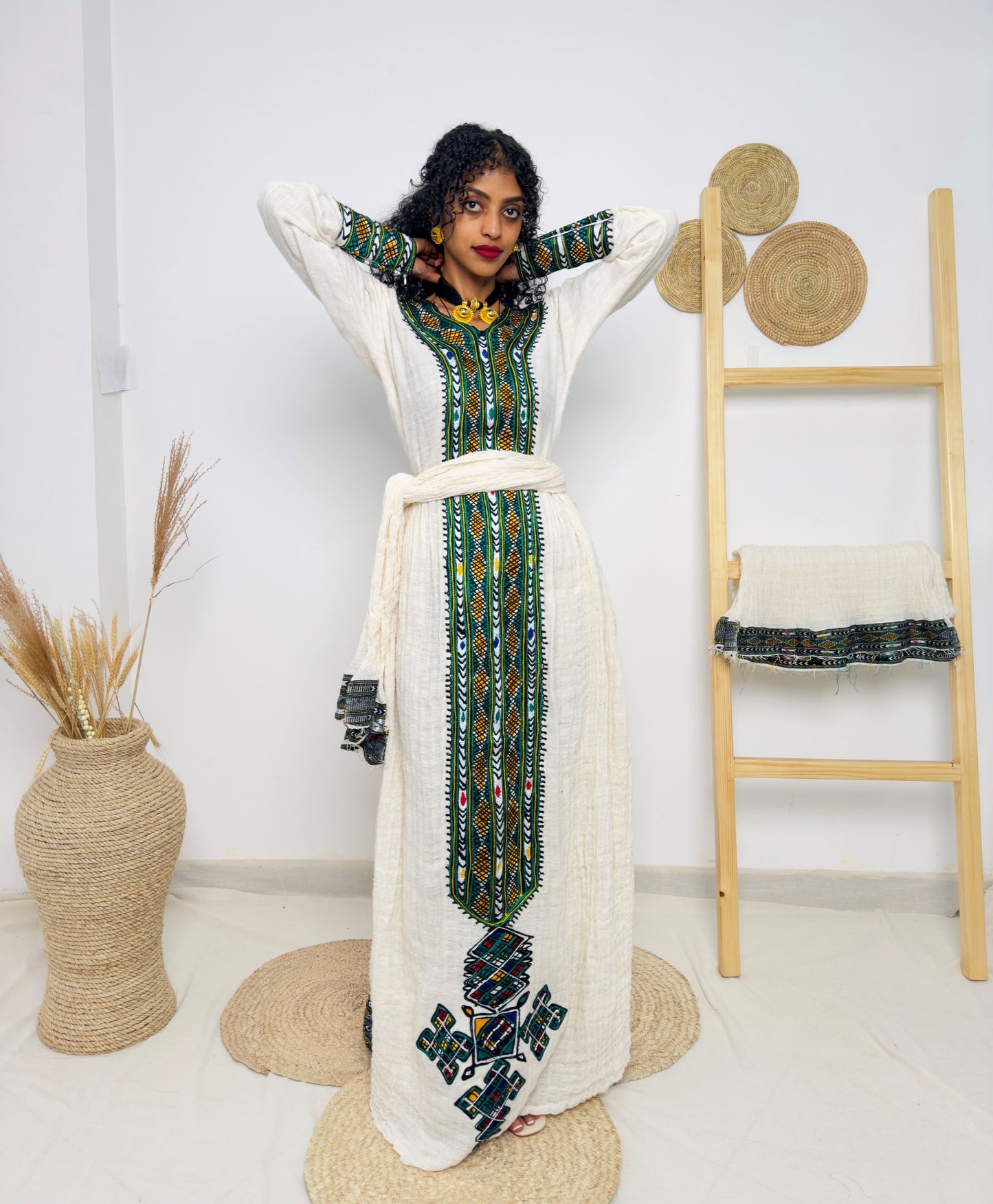 Traditional Ethiopian Habesha Dress – Handwoven Cotton with Green & Yellow Tibeb Embroidery | Cultural Dress for Weddings & Holidays Hab179