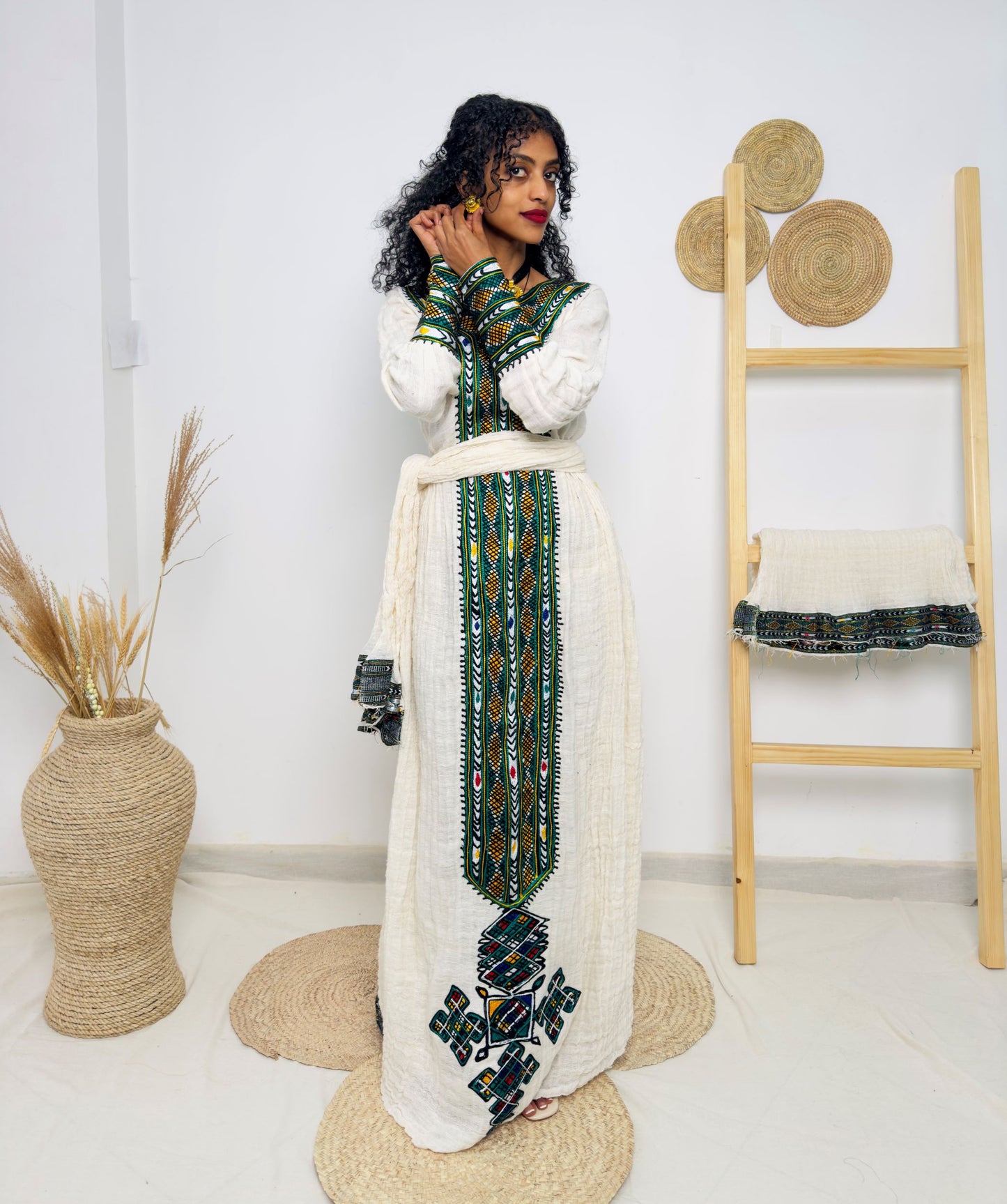 Traditional Ethiopian Habesha Dress – Handwoven Cotton with Green & Yellow Tibeb Embroidery | Cultural Dress for Weddings & Holidays Hab179
