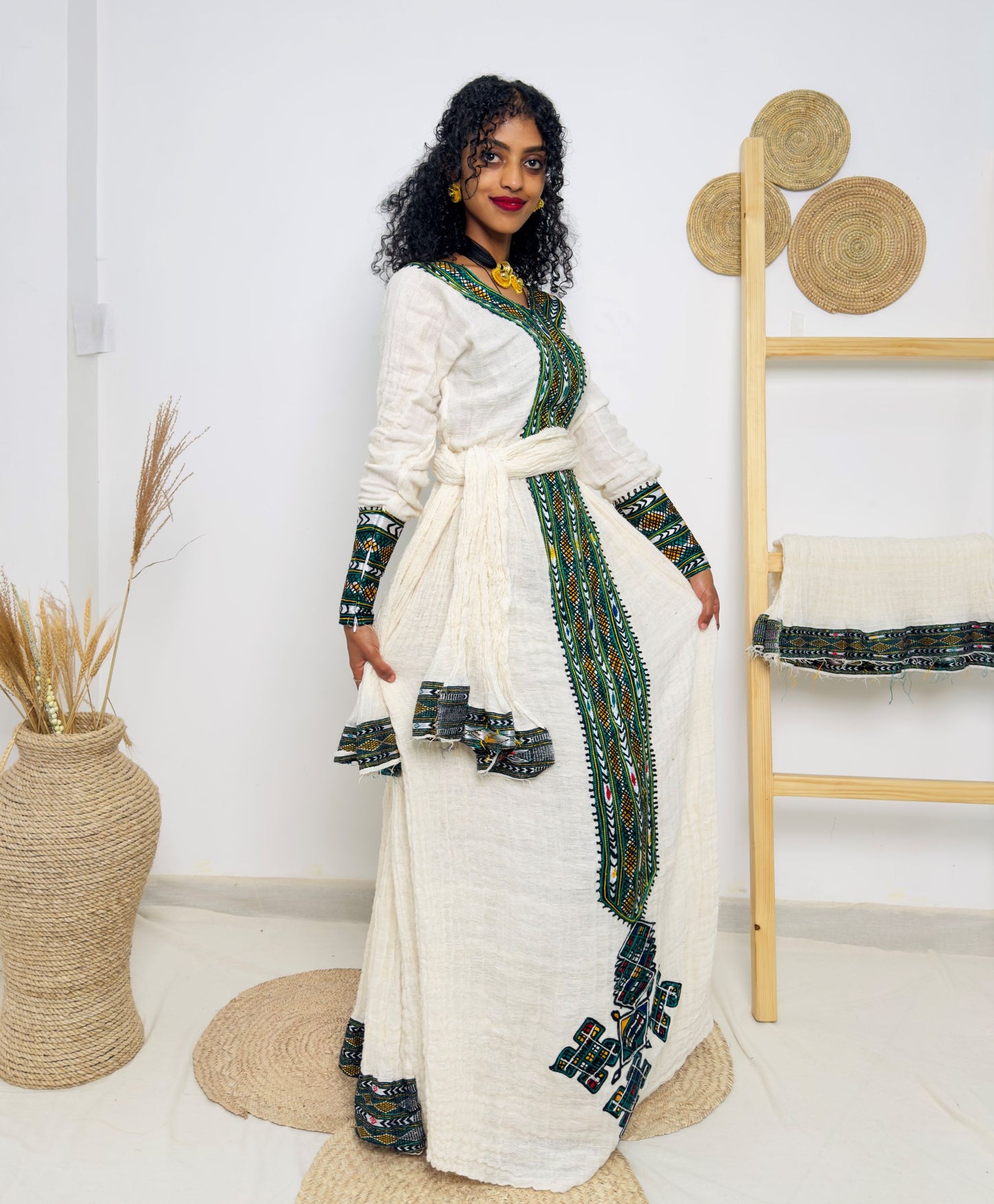 Traditional Ethiopian Habesha Dress – Handwoven Cotton with Green & Yellow Tibeb Embroidery | Cultural Dress for Weddings & Holidays Hab179