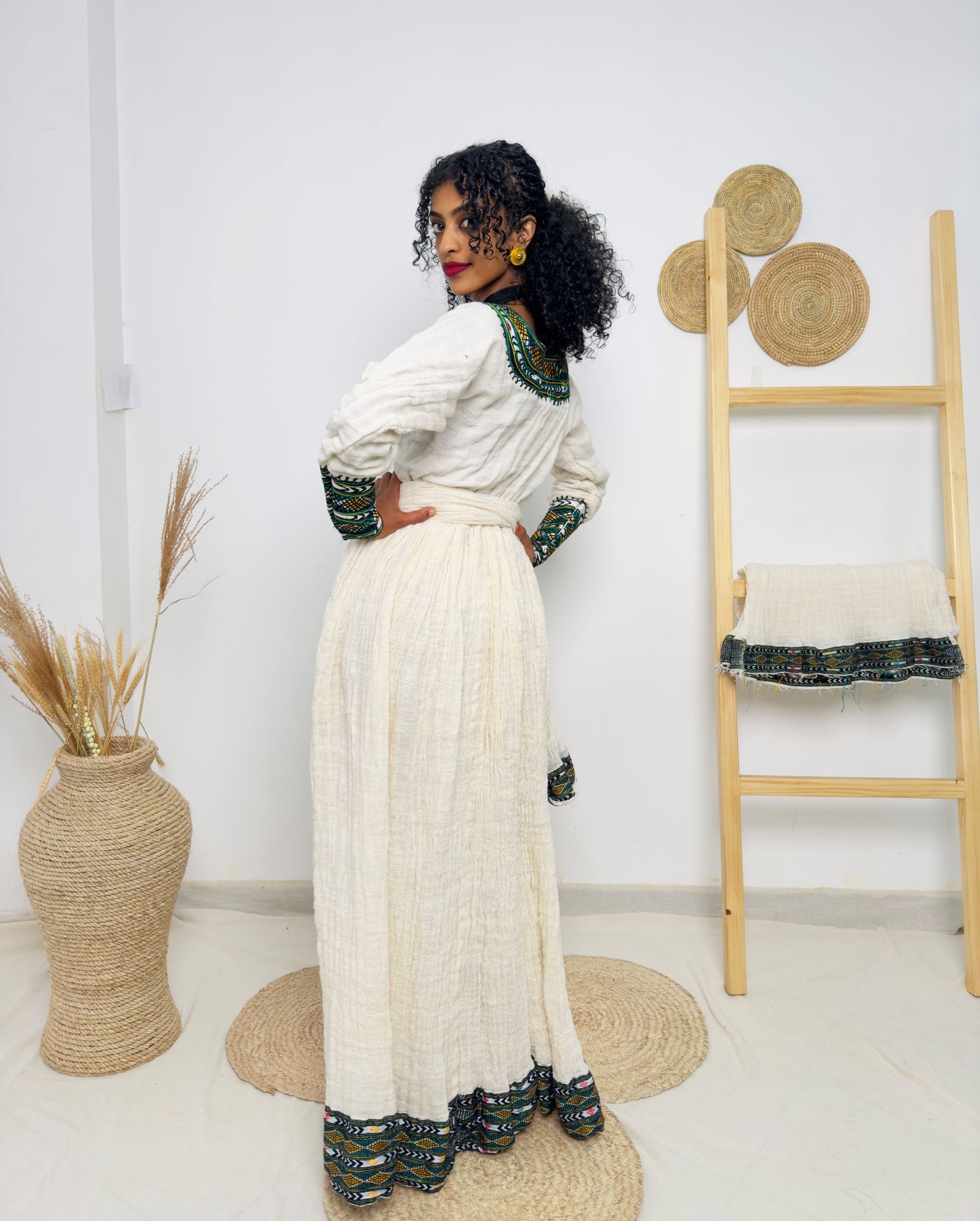 Traditional Ethiopian Habesha Dress – Handwoven Cotton with Green & Yellow Tibeb Embroidery | Cultural Dress for Weddings & Holidays Hab179