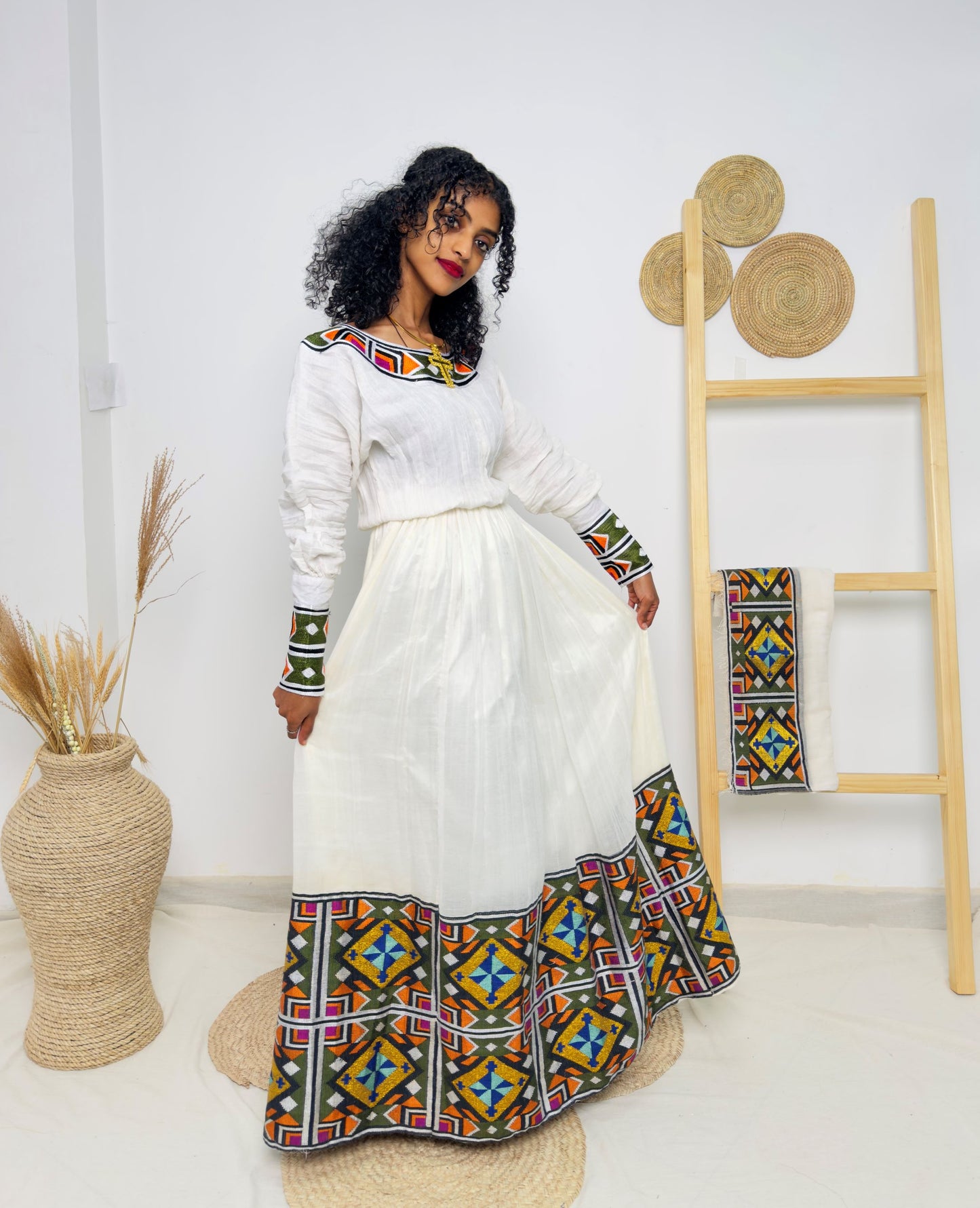 Bold Multicolor Tibeb | Long Sleeve Ethiopian Habesha Kemis | Traditional Handcrafted Occasion Dress | Cultural Fashion Statement Hab174