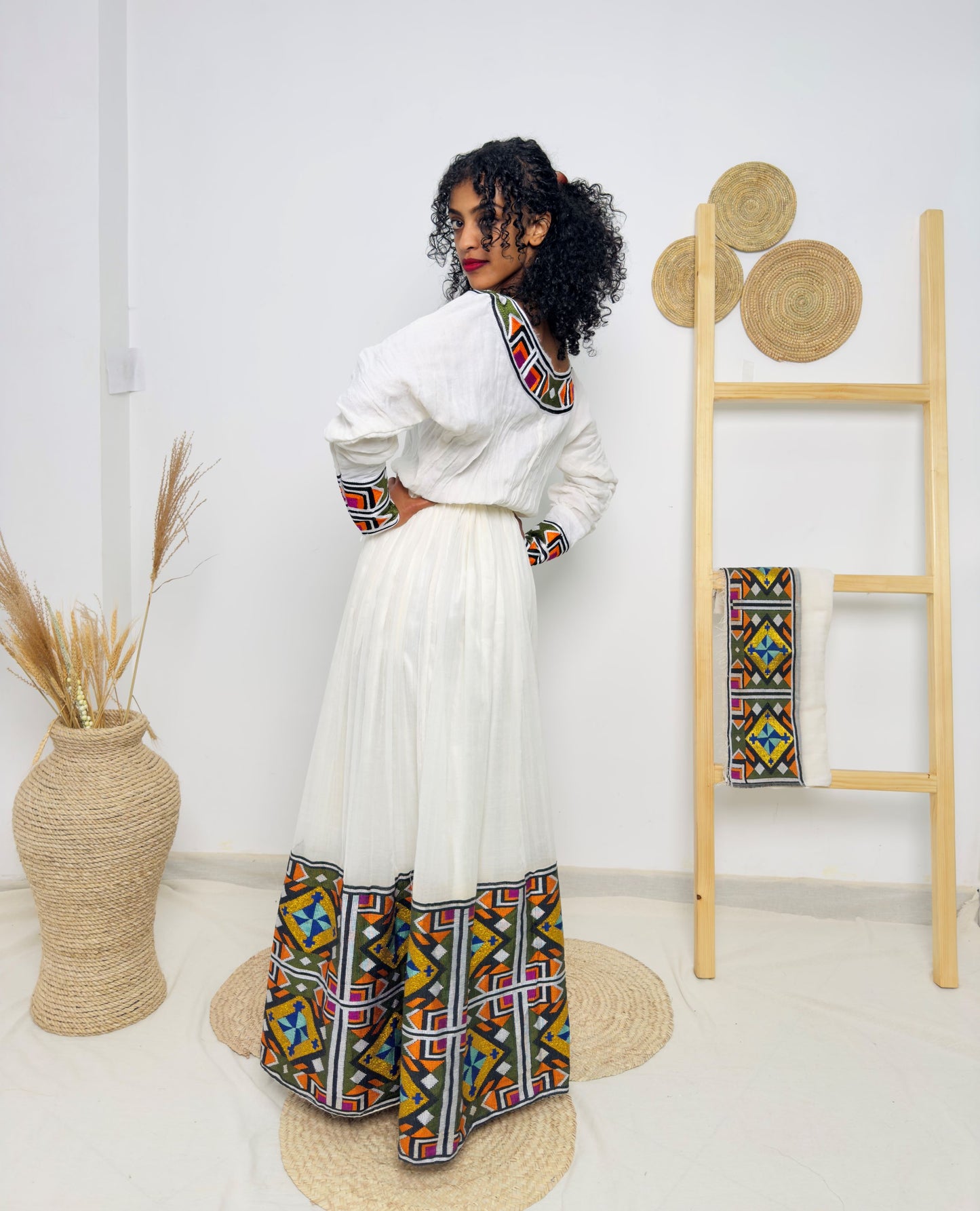 Bold Multicolor Tibeb | Long Sleeve Ethiopian Habesha Kemis | Traditional Handcrafted Occasion Dress | Cultural Fashion Statement Hab174