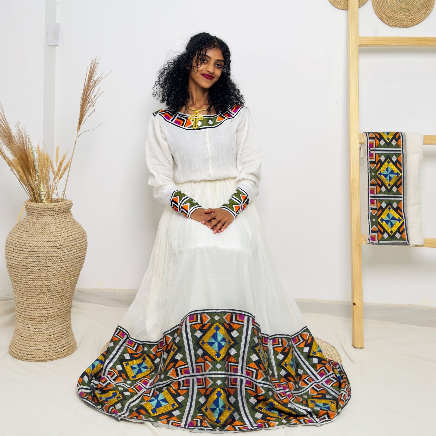 Bold Multicolor Tibeb | Long Sleeve Ethiopian Habesha Kemis | Traditional Handcrafted Occasion Dress | Cultural Fashion Statement Hab174