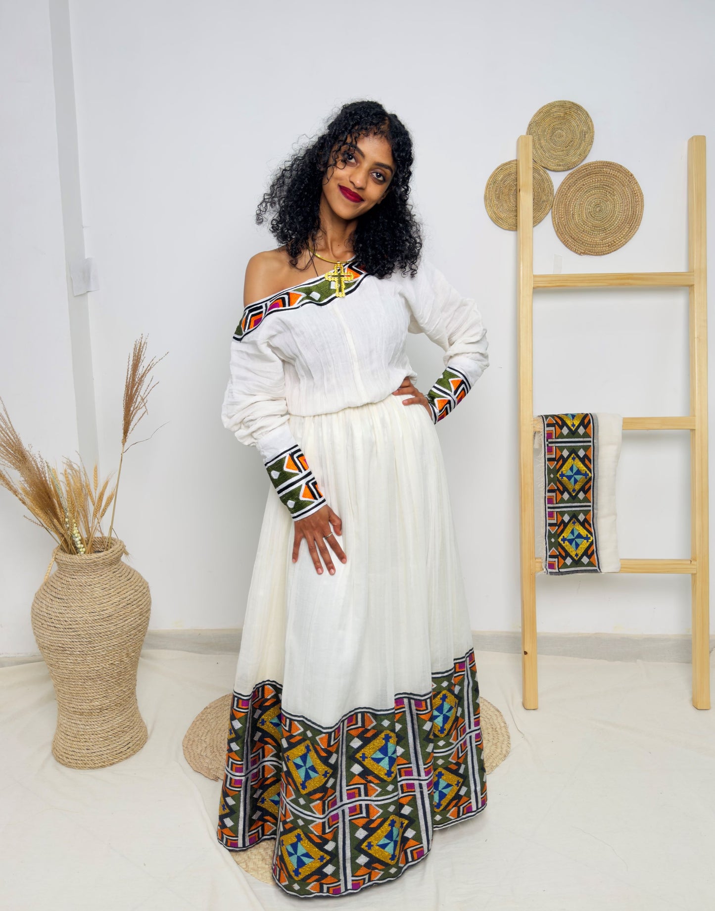 Bold Multicolor Tibeb | Long Sleeve Ethiopian Habesha Kemis | Traditional Handcrafted Occasion Dress | Cultural Fashion Statement Hab174