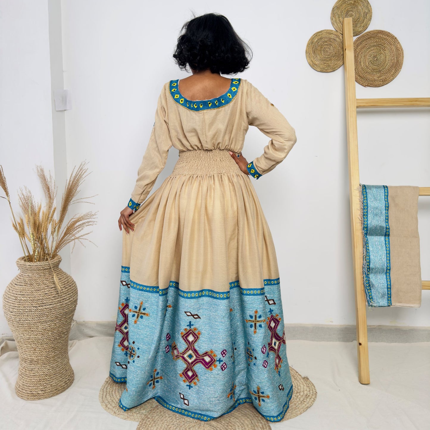 Teal Blue & Beige Embroidered Habesha Kemis | Handwoven Ethiopian Dress | Elegant Long Sleeve Traditional Dress Hab218