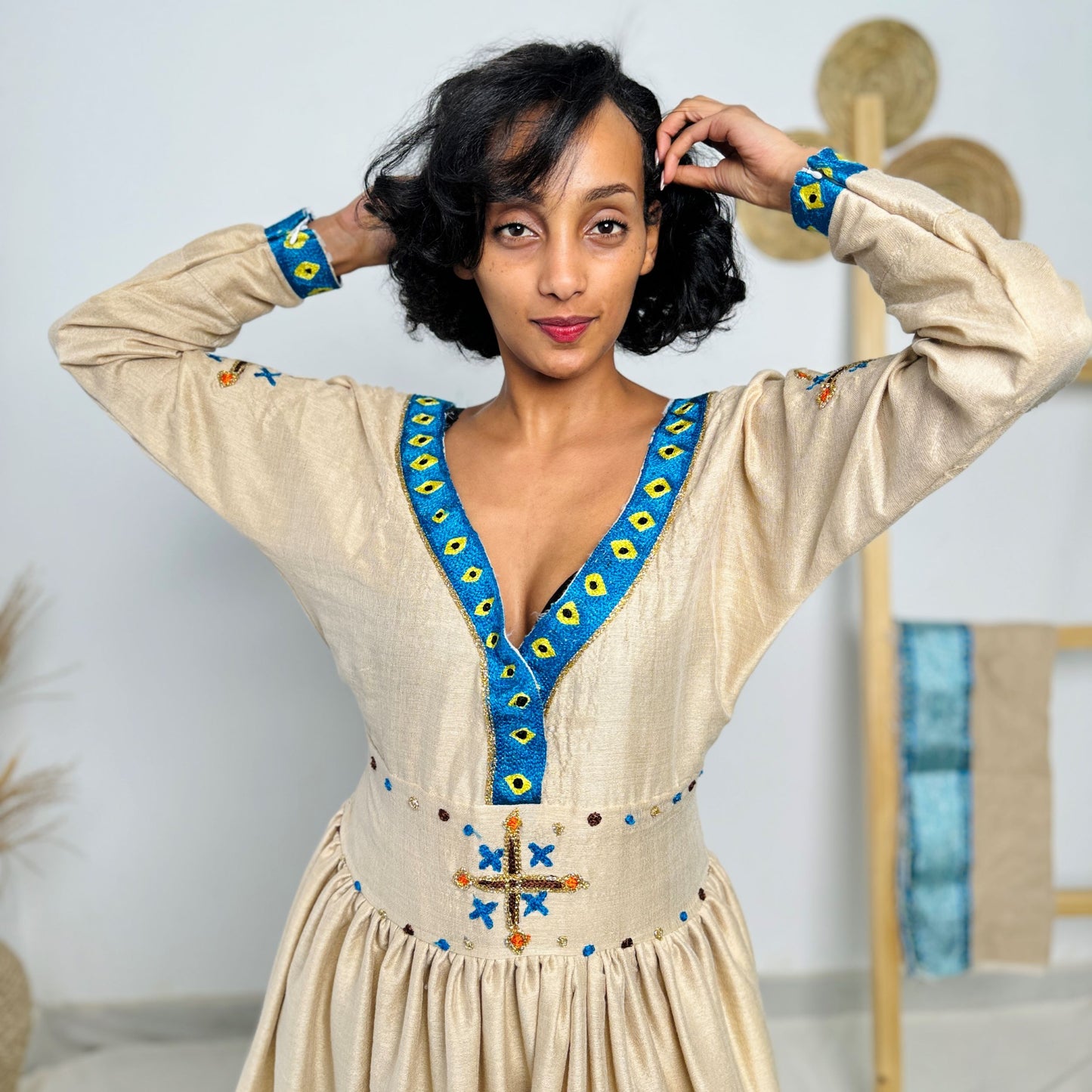 Teal Blue & Beige Embroidered Habesha Kemis | Handwoven Ethiopian Dress | Elegant Long Sleeve Traditional Dress Hab218