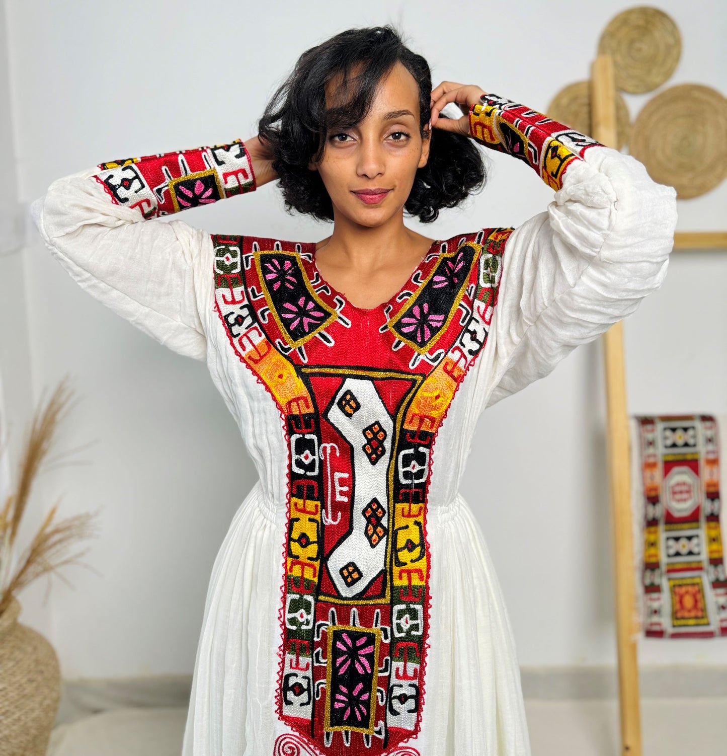 Vibrant Multicolor Long-Sleeve Habesha Kemis | Traditional Ethiopian Handmade Dress | Cultural Festival & Wedding Wear | Handwoven Dress Hab190