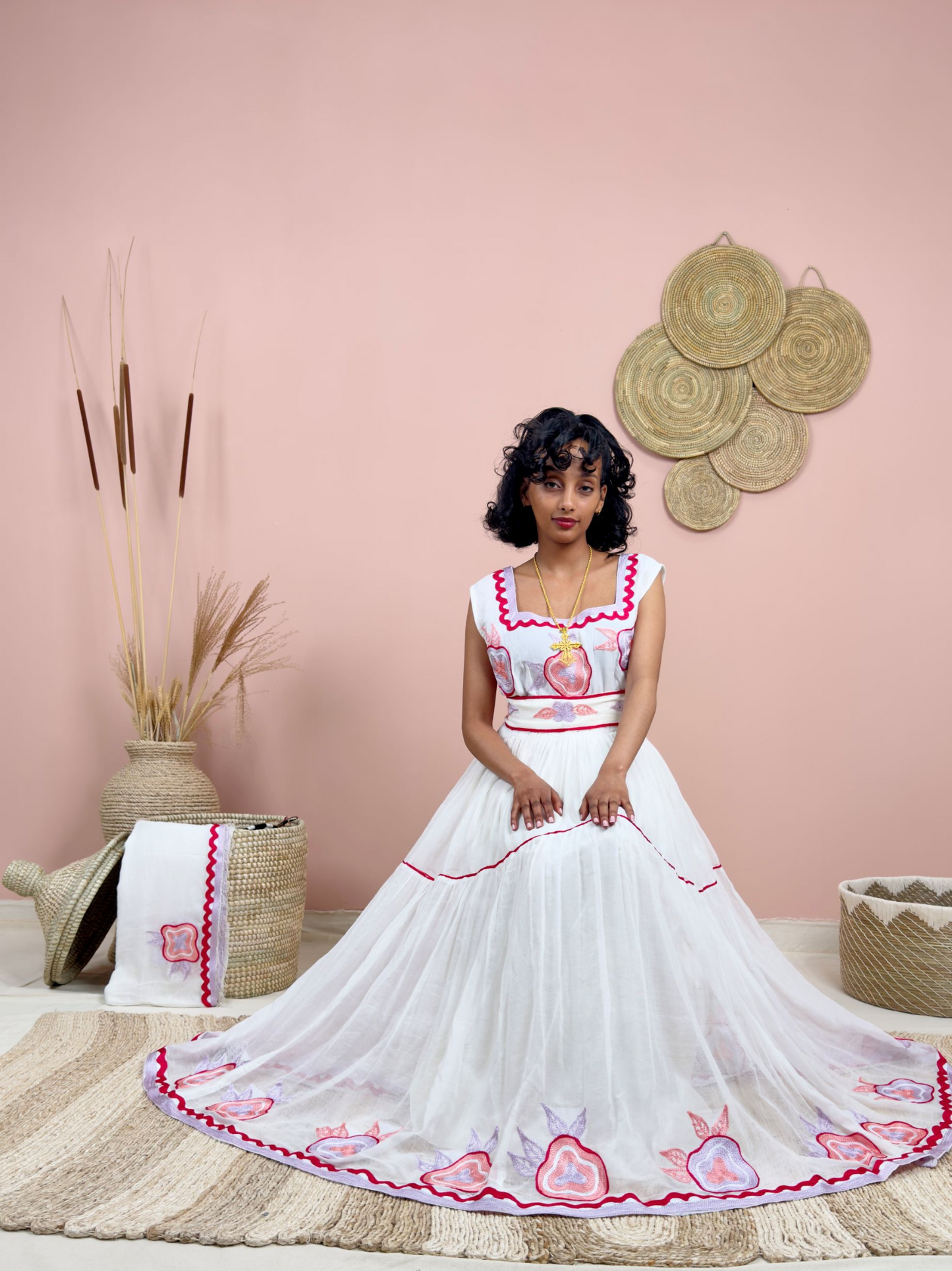 Handwoven Ethiopian Dress | Habesha Kemis with Dark Pink Embroidery | Traditional White Dress | Handmade Cultural Wear Hab133