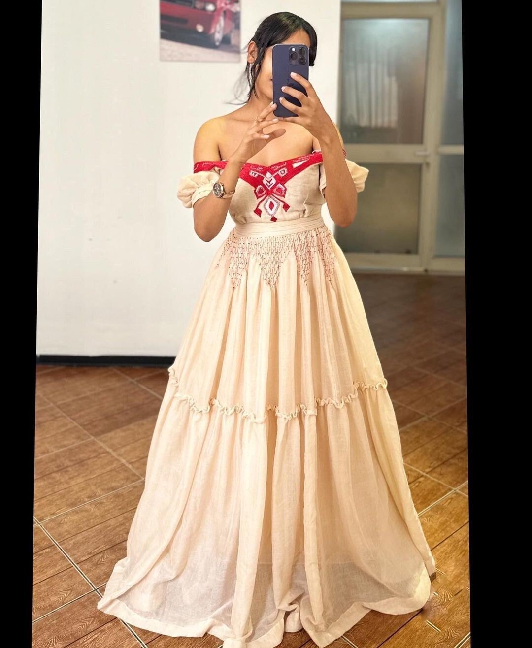 METAGES ETHIOPIAN TRADITIONAL DRESS | OFF-SHOULDER HABESHA KEMIS WITH RED TIBEB | MODERN HABESHA DRESS MINIMALIST WEAR