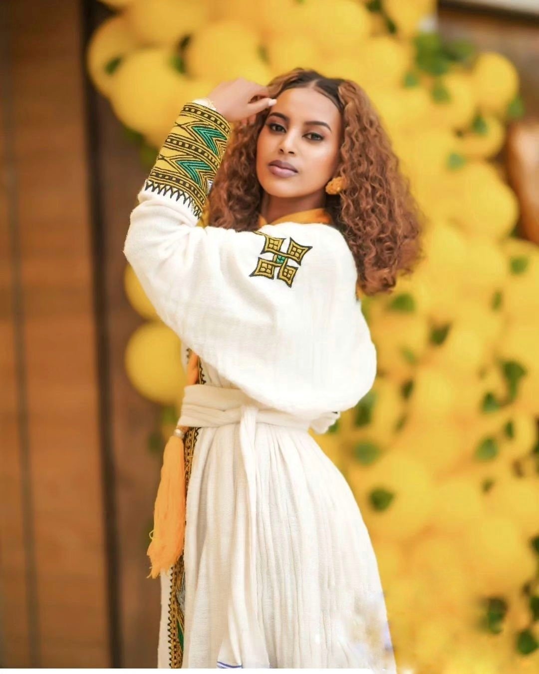 REDINA ELEGANT ETHIOPIAN HABESHA KEMIS | TRADITIONAL HABESHA DRESS WITH GREEN AND YELLOW TIBEB | TIMELESS PIECE HABESHA KEMIS