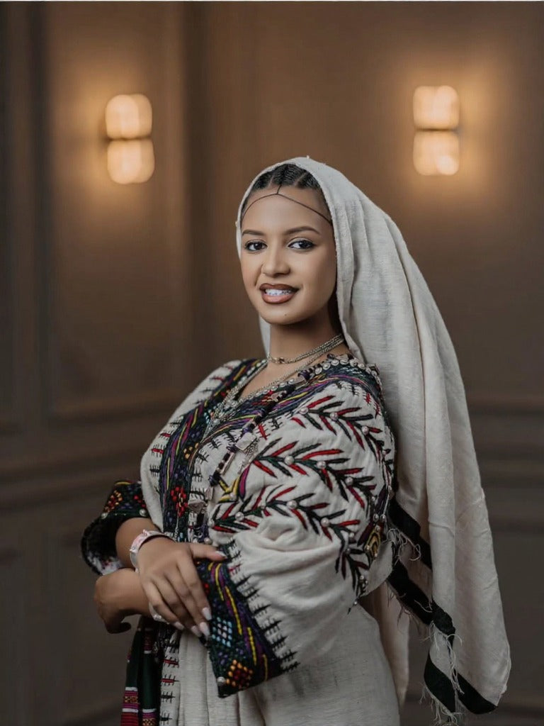 FANTANESH CLASSIC TRADITIONAL ETHIOPIAN DRESS | HANDWOVEN COLORFUL HABESHA KEMIS | REAL SILVER HABESHA DRESS