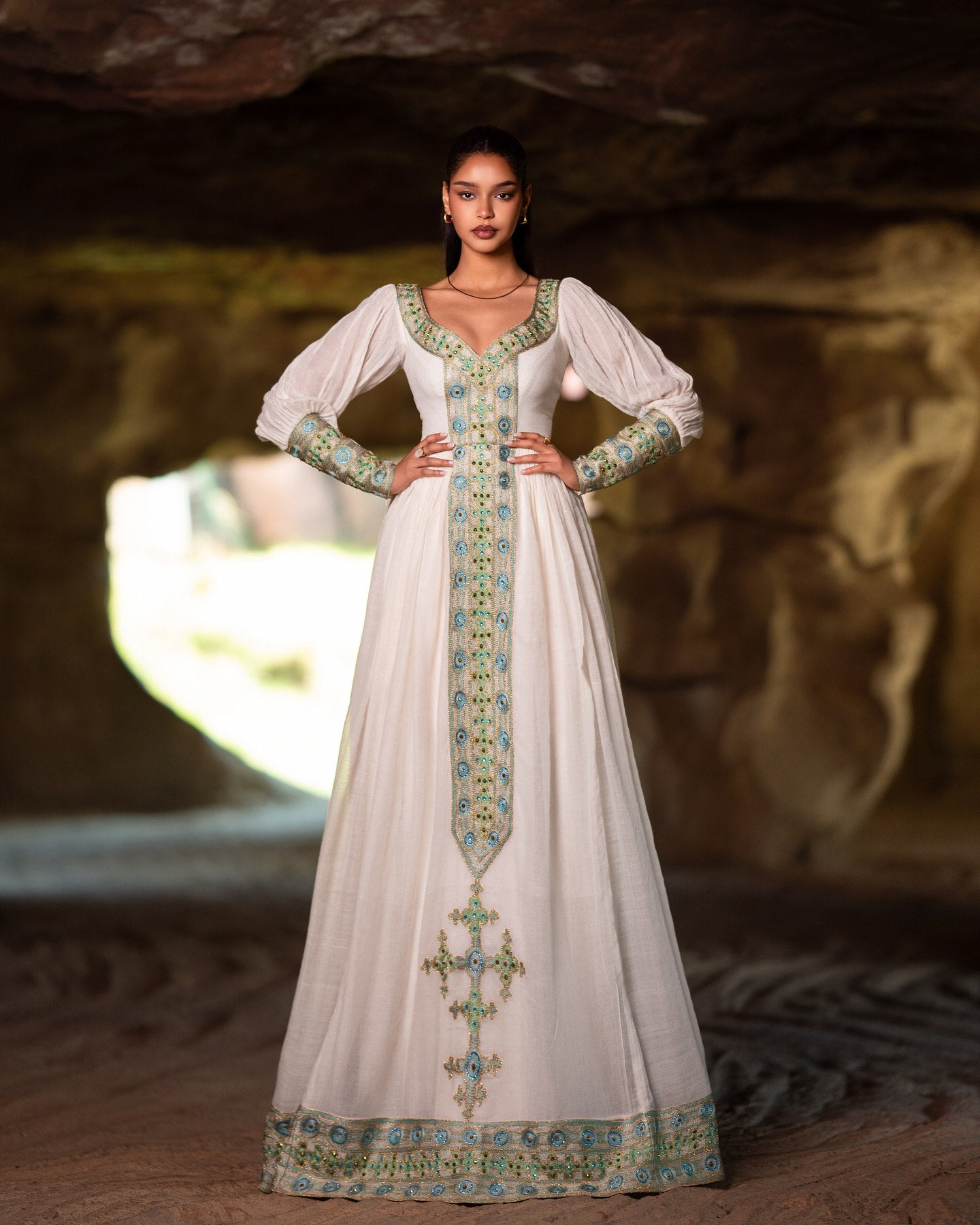 ROMAN ROYAL TRADITIONAL HABESHA KEMIS | TURQUOISE & GOLD EMBROIDERED CROSS DESIGN HABESHA DRESS | STUNNING ETHIOPIAN CLOTH