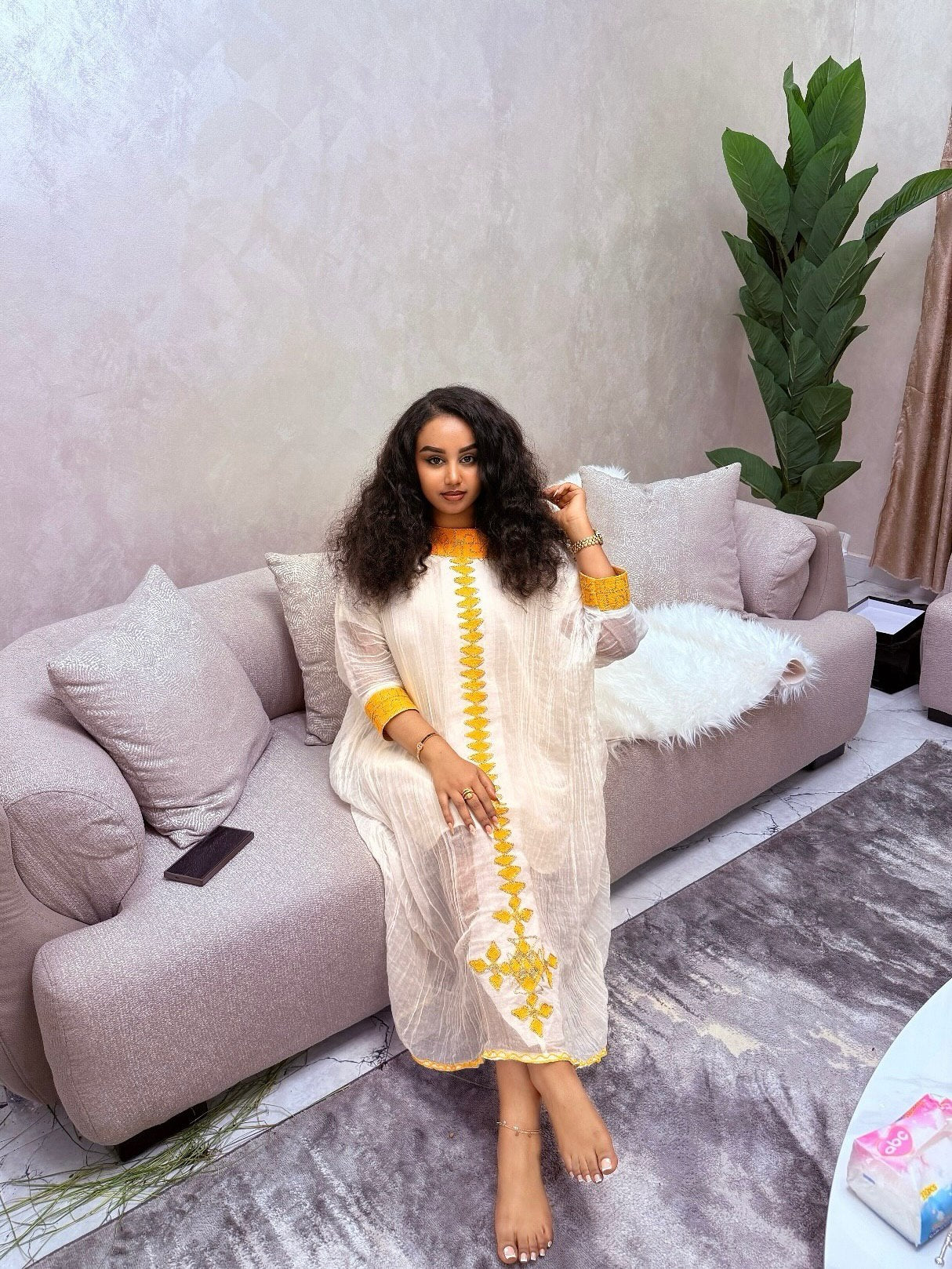 TIRSIT ETHIOPIAN TRADITIONAL DRESS | HABESHA DRESS WITH YELLOW EMBROIDERY | SIMPLE OUTFIT HABESHA KEMIS