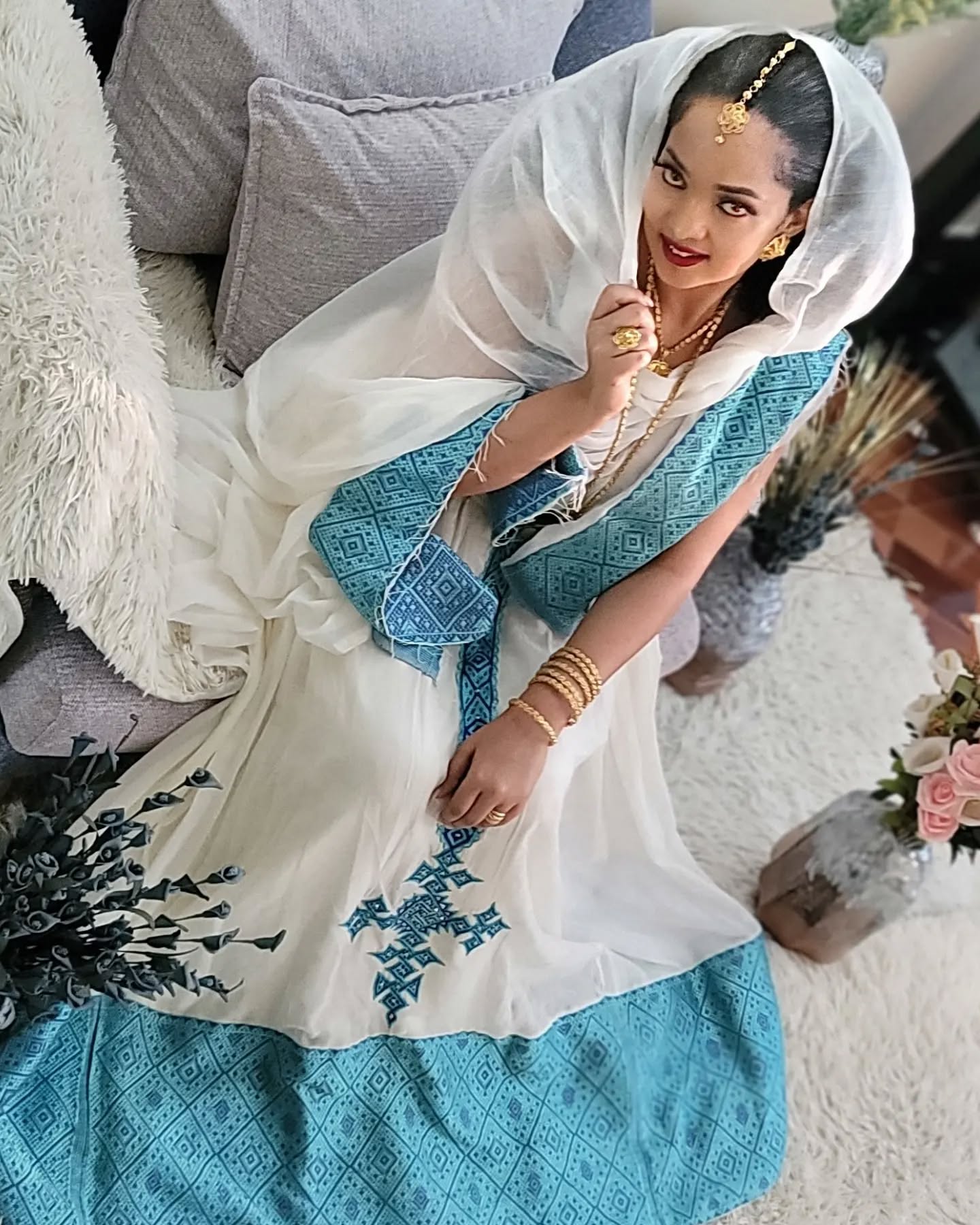 ZERITU SLEEVELESS ETHIOPIAN TRADITIONAL DRESS | CROSS EMBROIDERY HABESHA KEMIS | HABESHA DRESS FOR EVENT