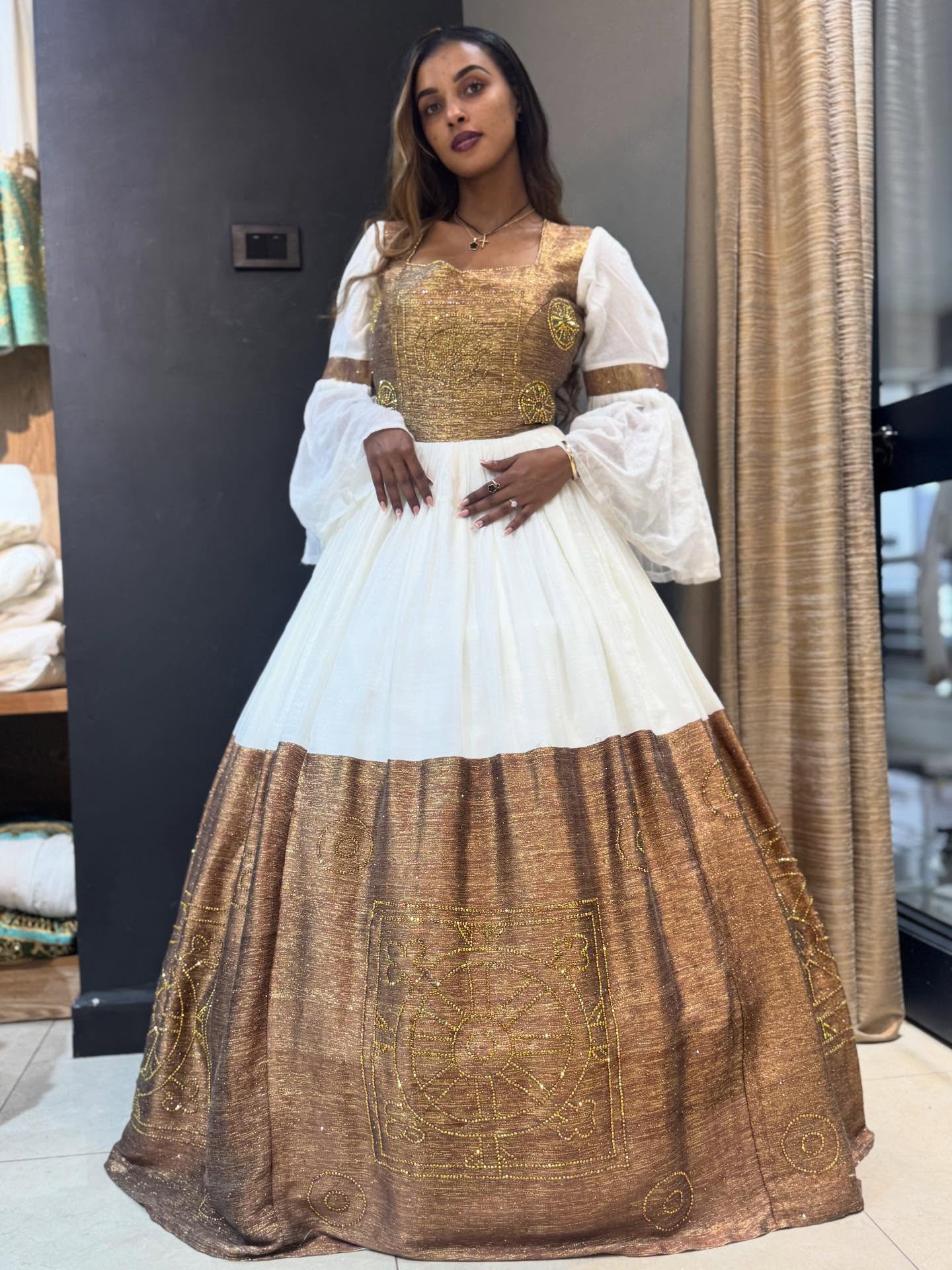 gold ethiopian wedding dress TRADITIONAL WHITE HABESHA DRESS WITH GOLDEN EMBROIDERY – HABESHA FASHION red carpet gown