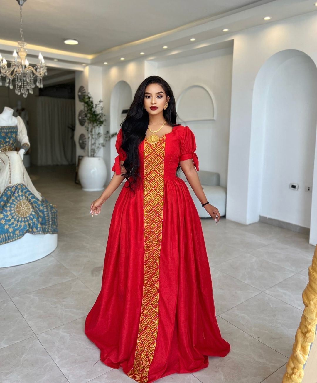 SABA RED ETHIOPIAN CLOTH | HANDCRFTED HABESHA KEMIS WITH INTRICATE IMBROIDERY | TRADITIONAL HABESHA KEMIS FOR SPECIAL OCCATIONS