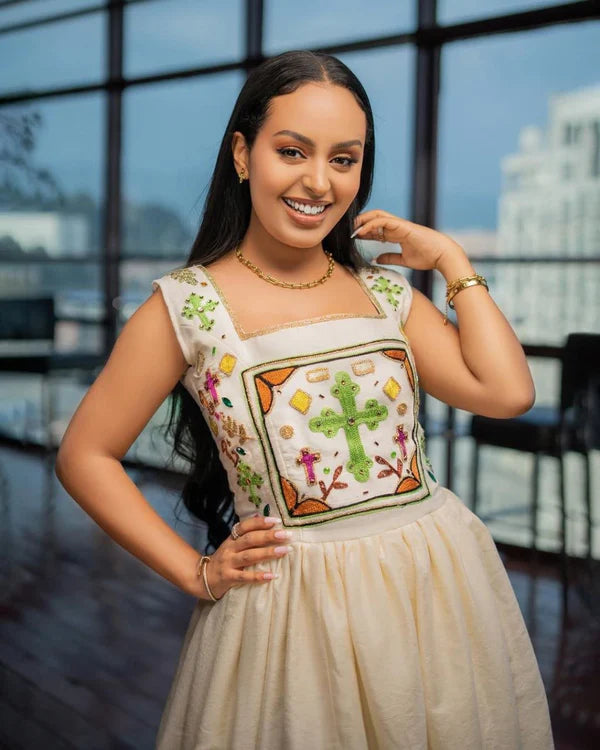 Mheret Green Handwoven Habesha Dress | Sleeveless Modern Habesha Kemis Hab310