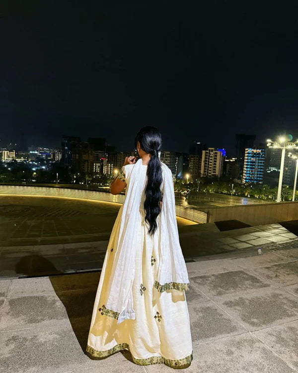 Tsehay Olive Green and Gold Habesha Dress | Elegant Handwoven Habesha Kemis Hab308