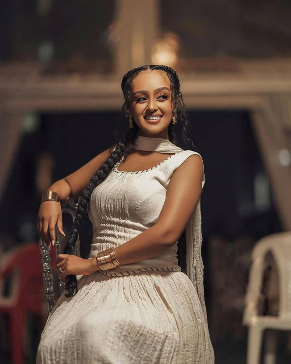 Betty White Textured Habesha Dress | Simple Handwoven Habesha Kemis Hab306