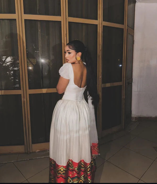 Liya - Red, Yellow & Black Waist Embroidered Habesha Kemis | Eritrean Dress Hab301