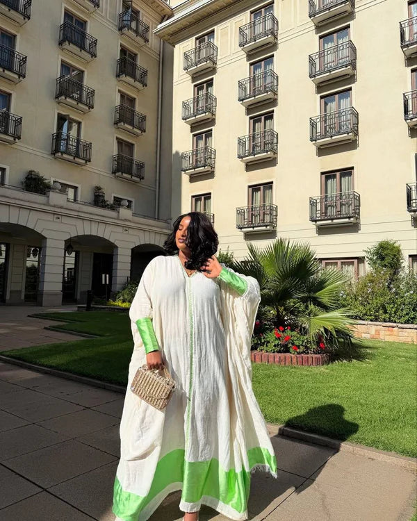 Eyerus - Green Embroidered Habesha Kemis for Celebrations | Ethiopian Traditional Dress Hab299