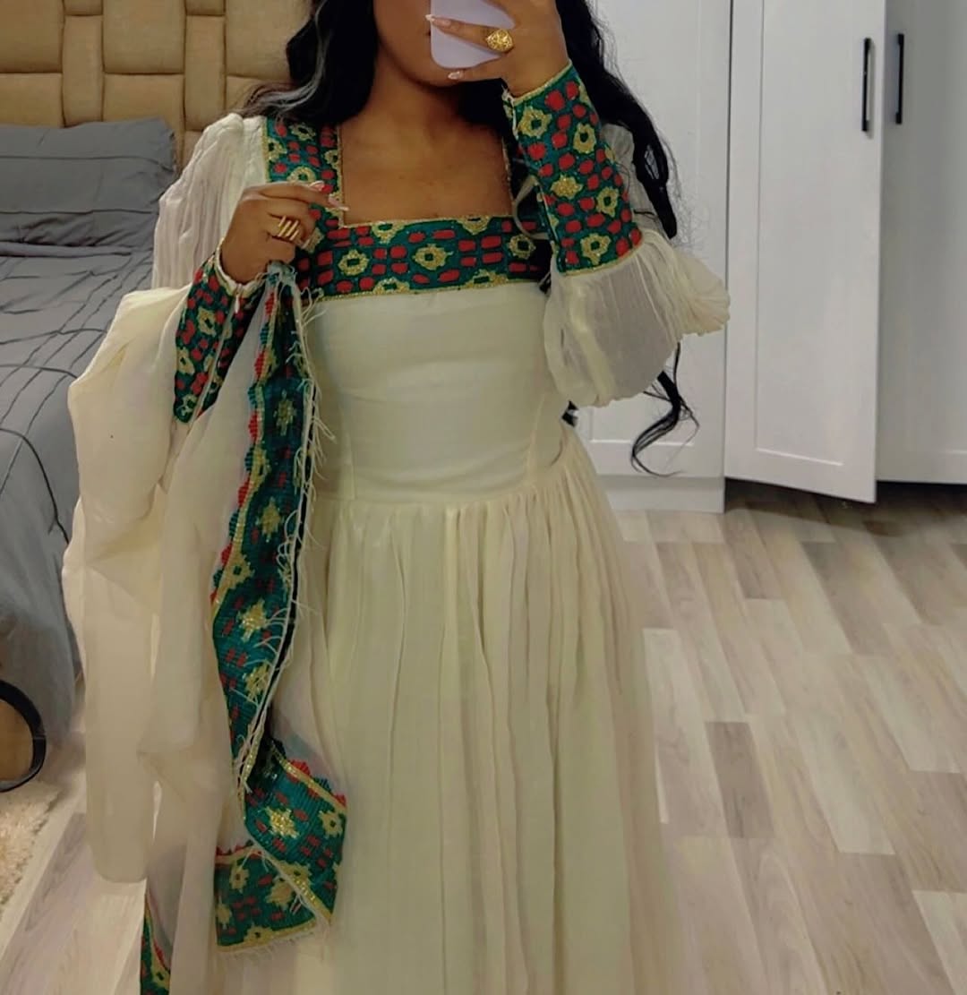 ELDU ERITREAN TRADITIONAL DRESS | GREEN FLORAL ETHIOPIAN TRADITIONAL CLOTHING | MODERN HABESHA KEMIS FOR CULTURAL CELEBRATIONS