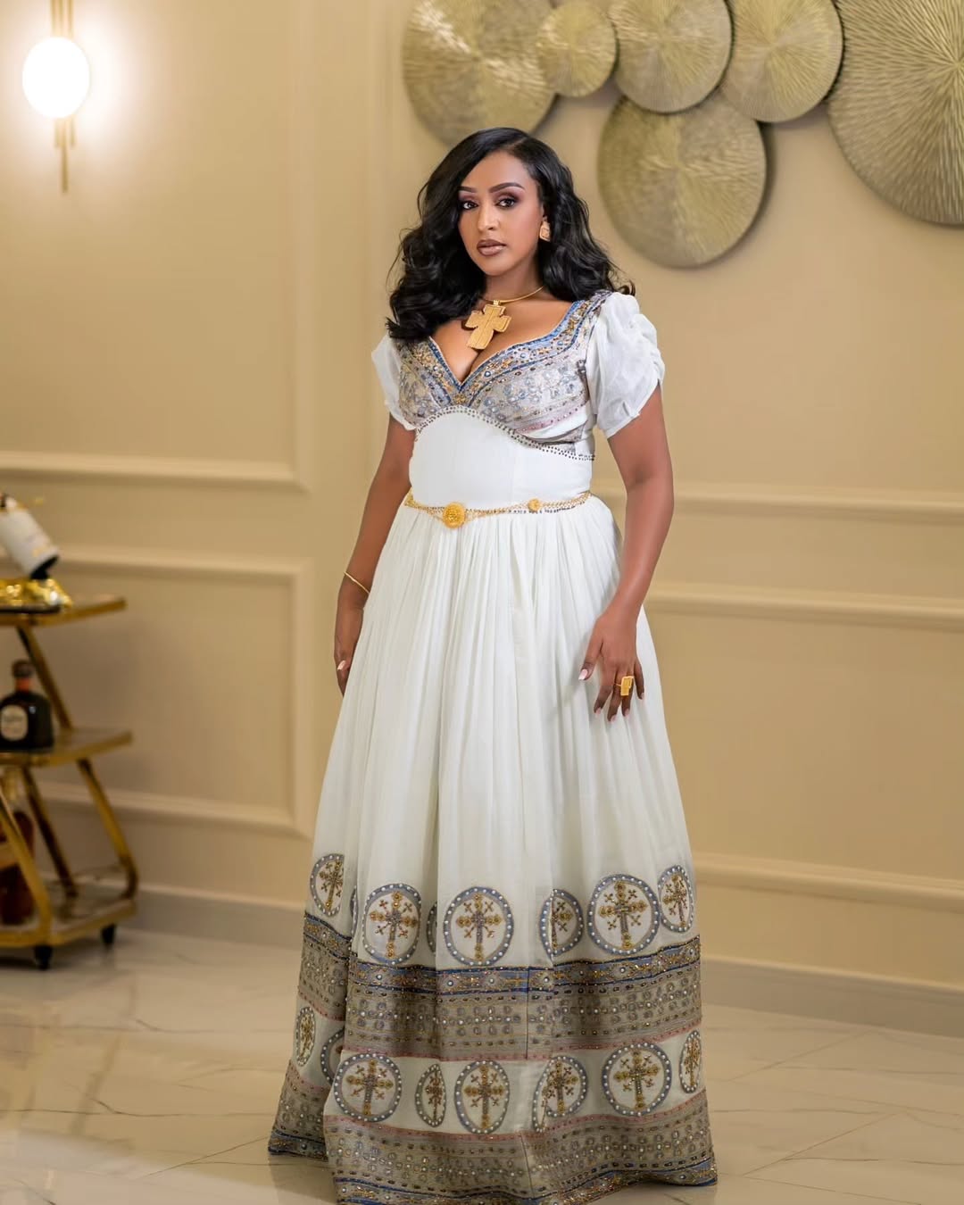 NINA WHITE ETHIOPIAN DRESS WITH GOLD CROSS EMBROIDERY | ELEGANT ETHIOPIAN HABESHA KEMIS | PERFECT HABESHA DRESS FOR EVENTS