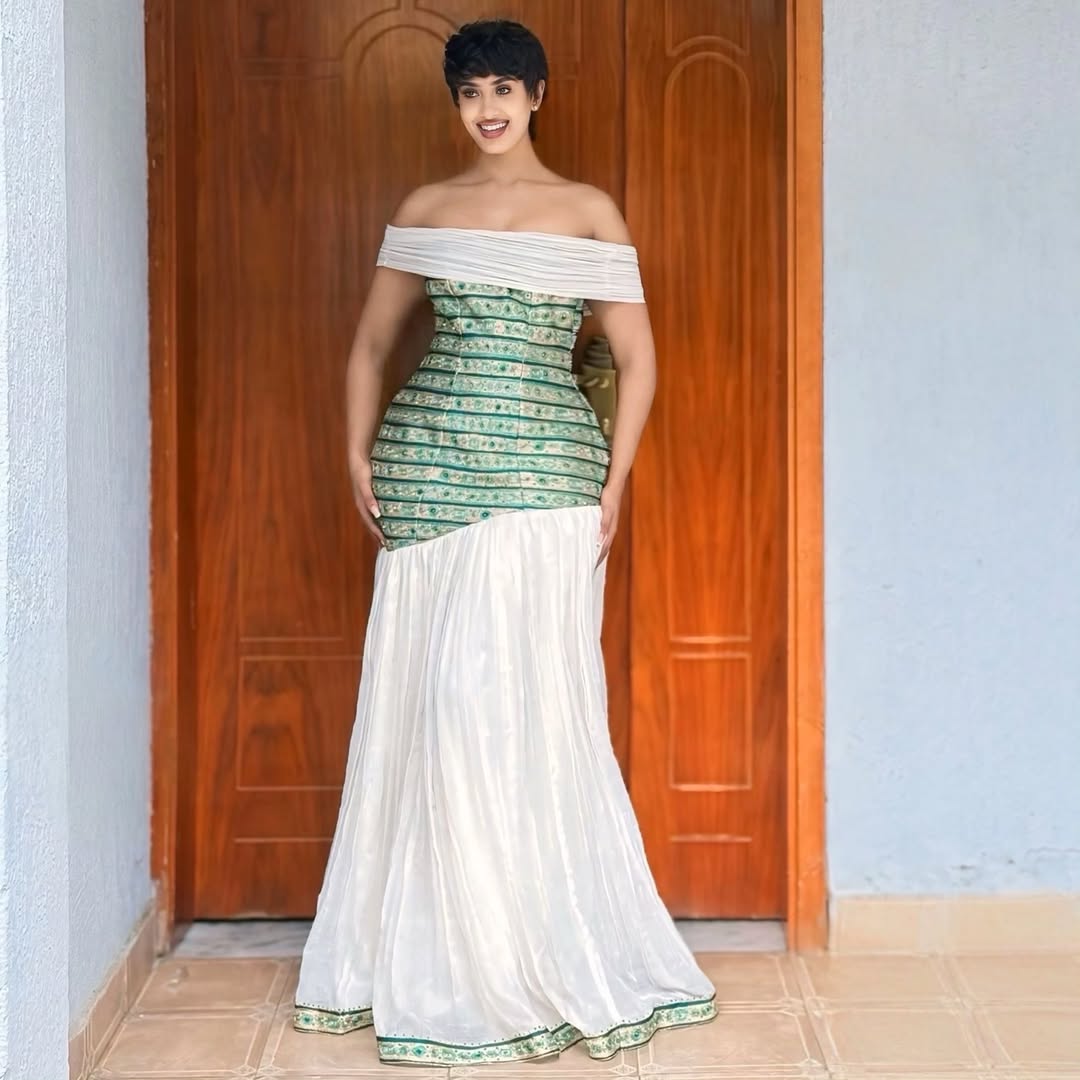 MELONA OFF-SHOULDER ETHIOPIAN DRESS | TIBEB AND SHEMMA FUSION HABESHA KEMIS | GREEN TIBEB DESIGN HABESHA DRESS FOR SPECIAL OCCASIONS